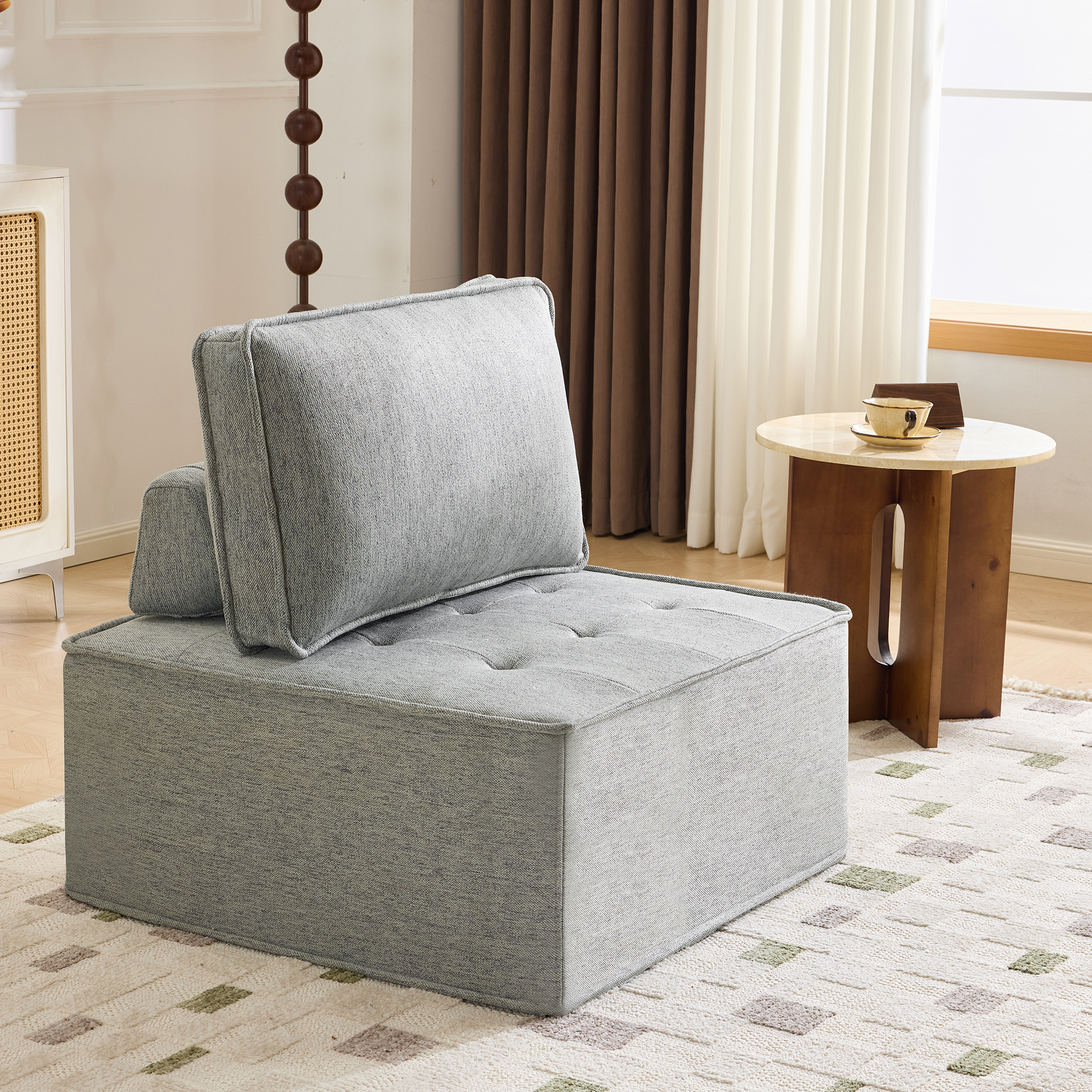 Fauteuil Structure Panneaux De Bois Revêtement Lin Gris Clair Dimensions 81x81cm