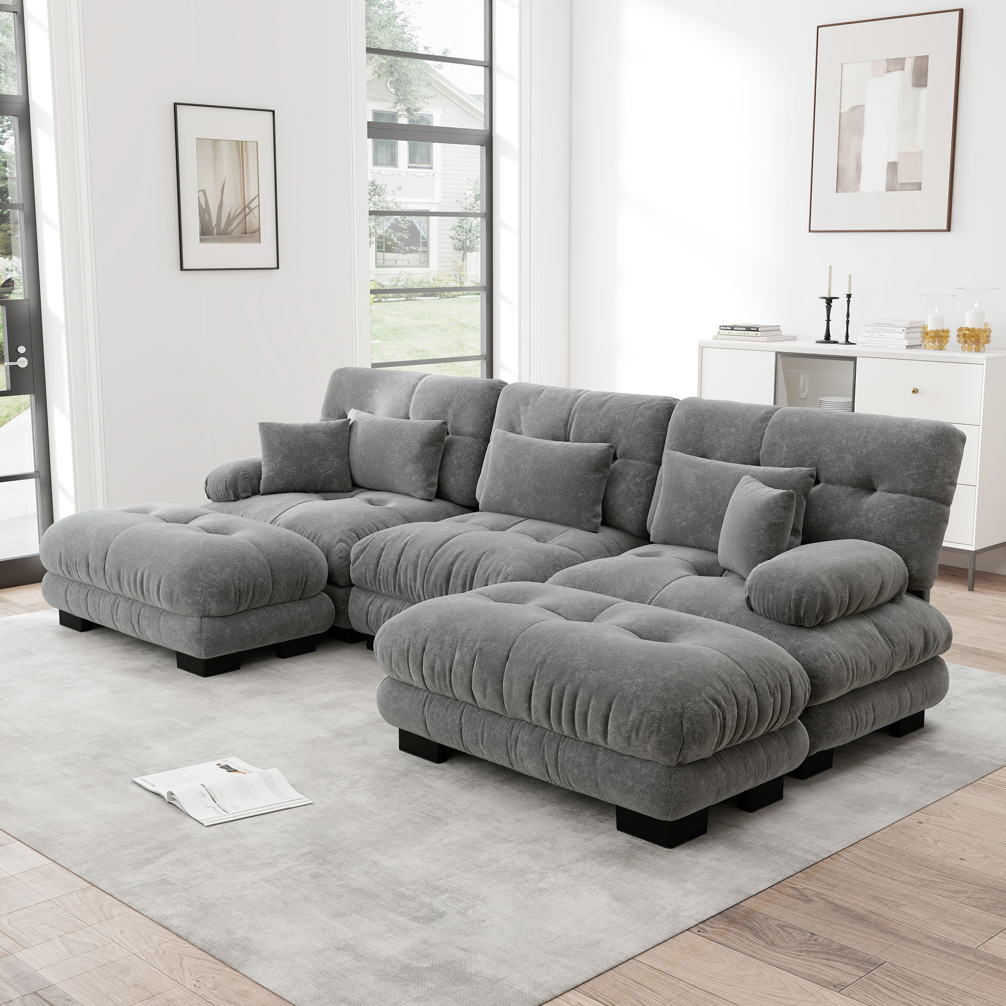 Canapé d'angle en chenille gris 6 places avec assise profonde et ottomans modulables
