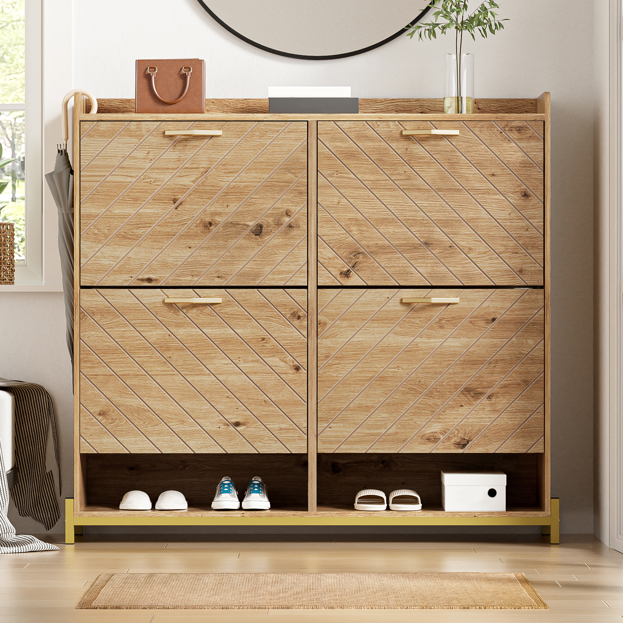 Meuble à chaussures 4 portes en Panneau composite de fibres de bois à densité effet bois, placard rangement chaussures pour entrée, dimensions 108,5 x 24 x 100 cm