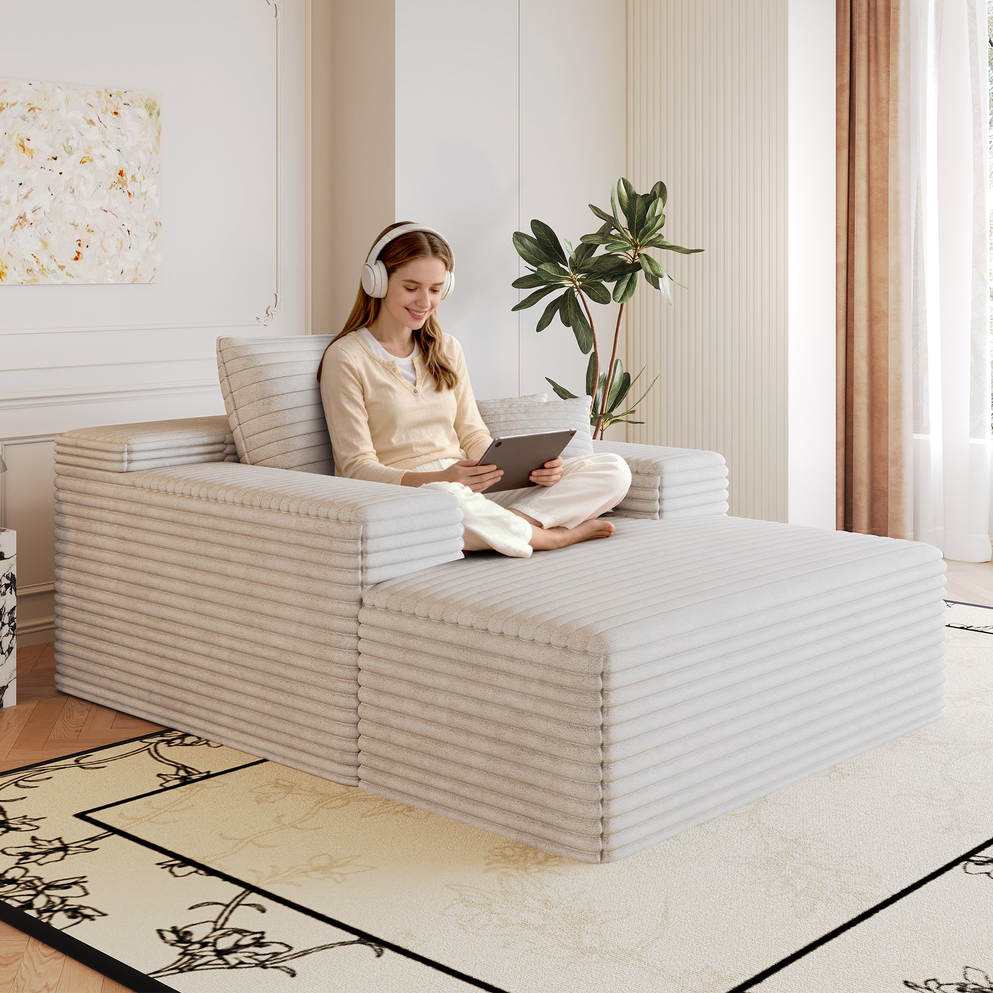 Canapé droit tissu corduroy blanc, structure boneless modulaire 115x159x60 cm, rembourrage épais pour un soutien ergonomique optimal
