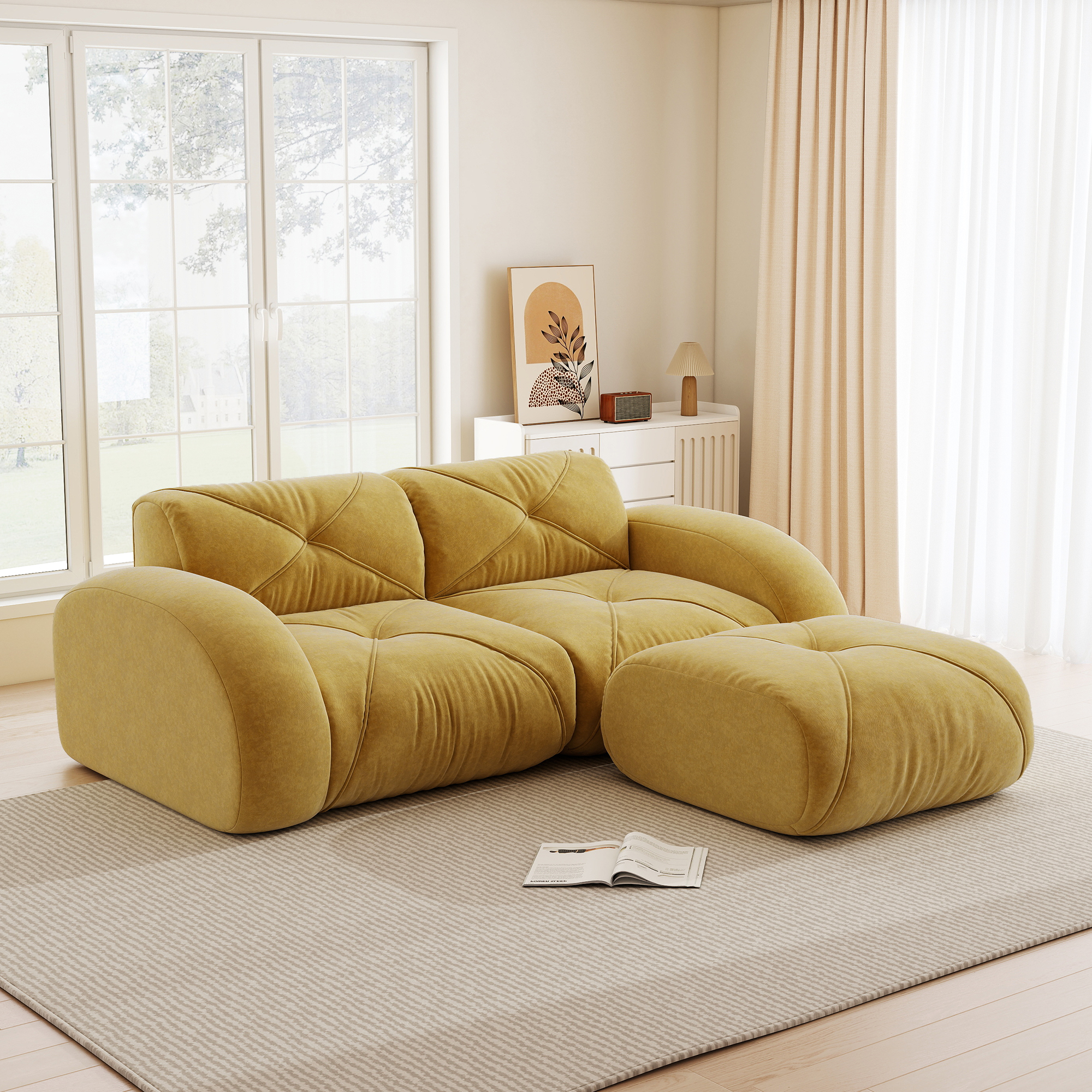 Canapé Modulable 2 Places Avec Pouf, Salon Moderne Sans Dossier En Tissu Chenille Jaune, Confort Doux Pour Pièce Principale