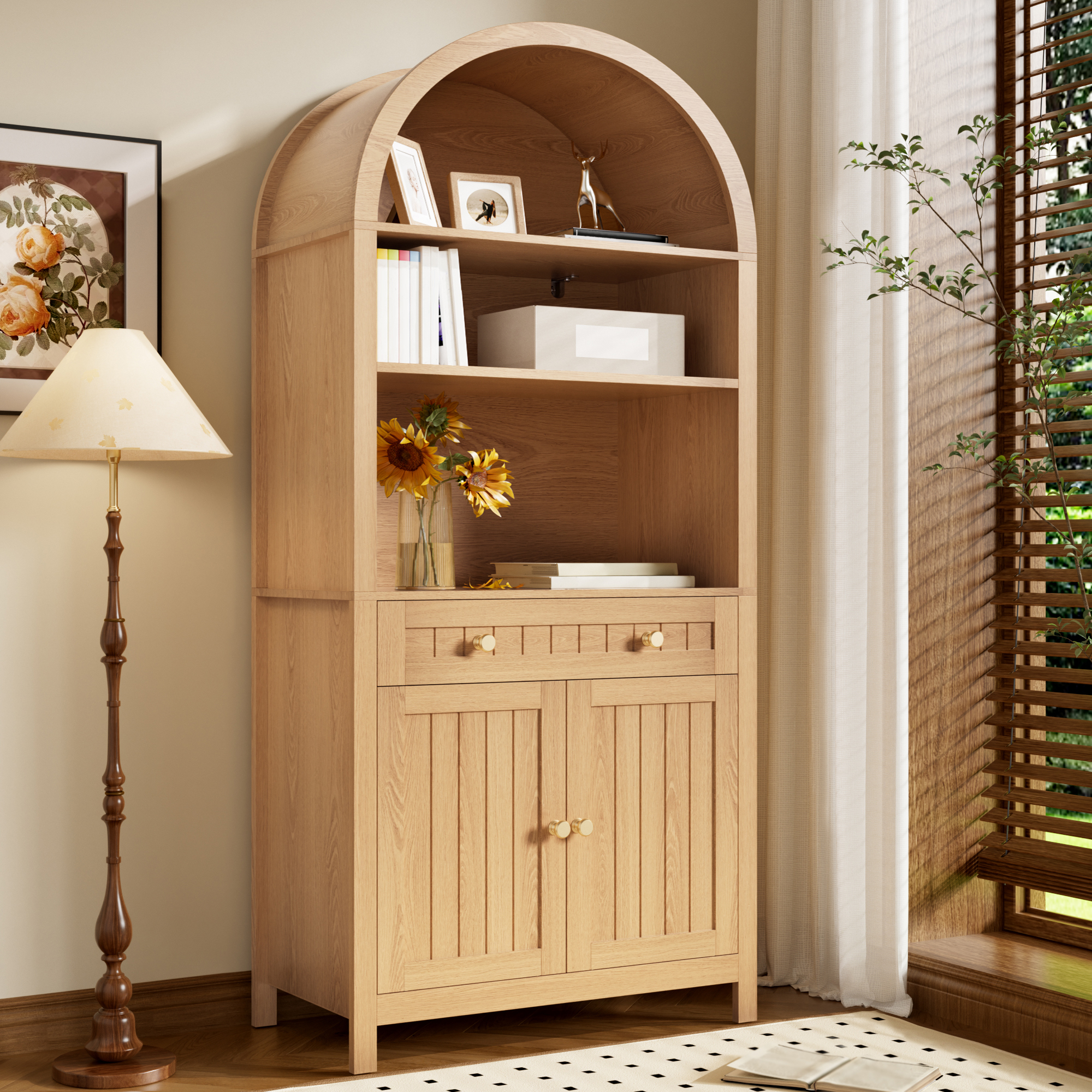 Buffet Cuisine Moderne Arc Naturel, Armoire Stockage Vaisselle avec Double Porte Intégrée et Organisateur Épices 76x40x180 cm