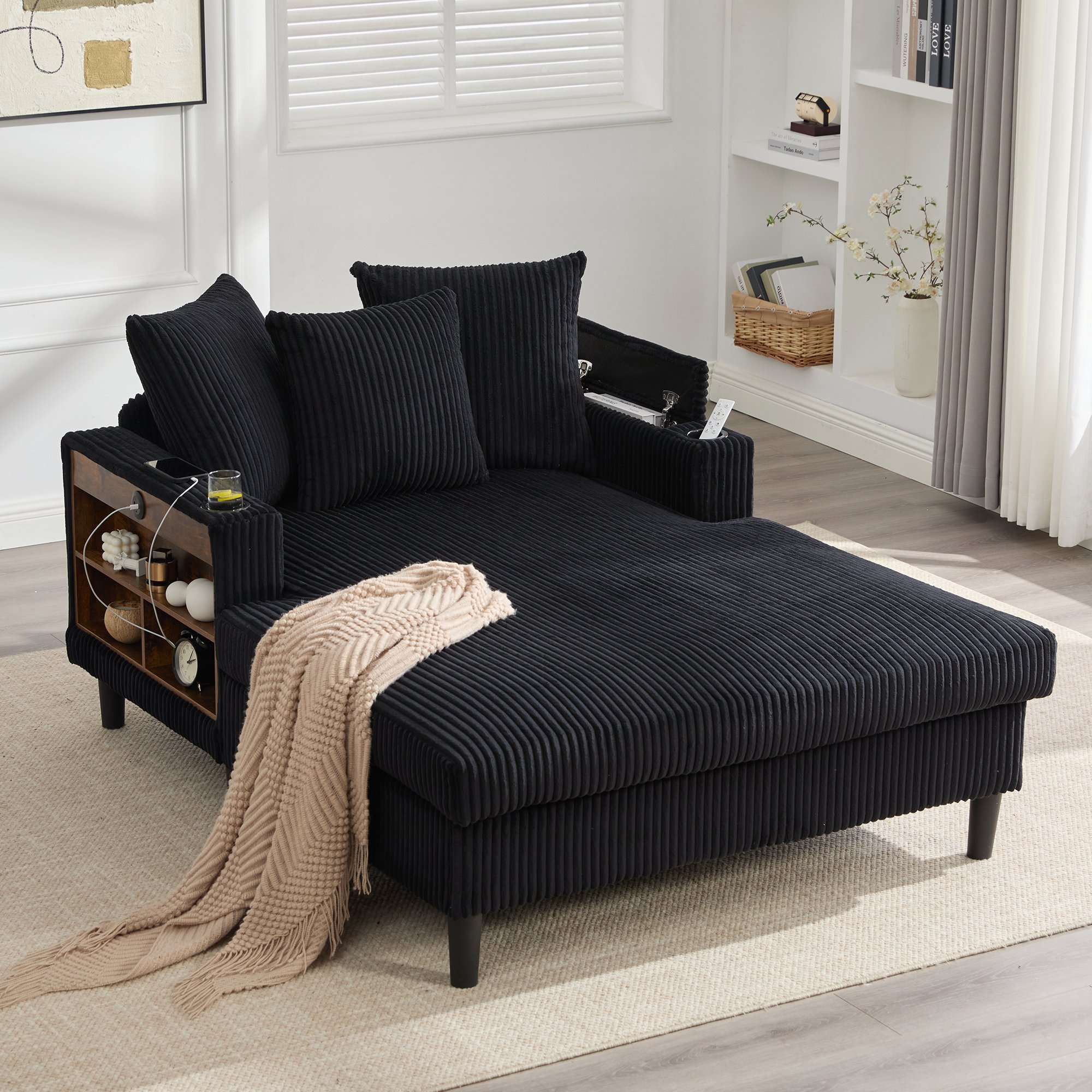 Canapé convertible en velours côtelé noir, structure stable, pieds plastique et rangement intégré 129x170 cm