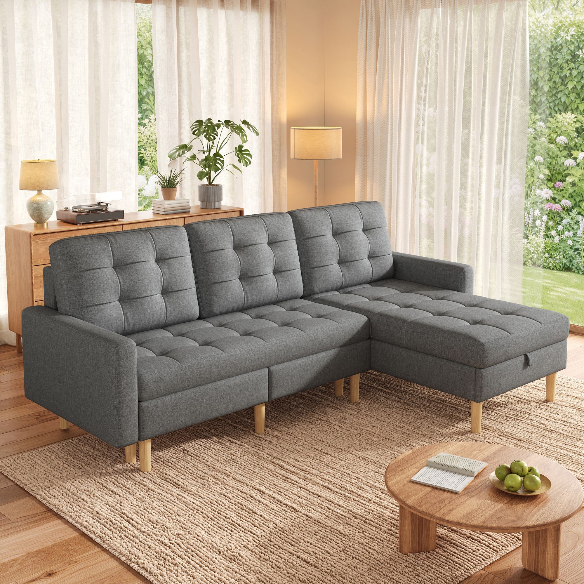 Petit canapé d'angle gris 212x130 cm avec chaise longue interchangeable et rangements cachés, montage facile sans outils spécifiques