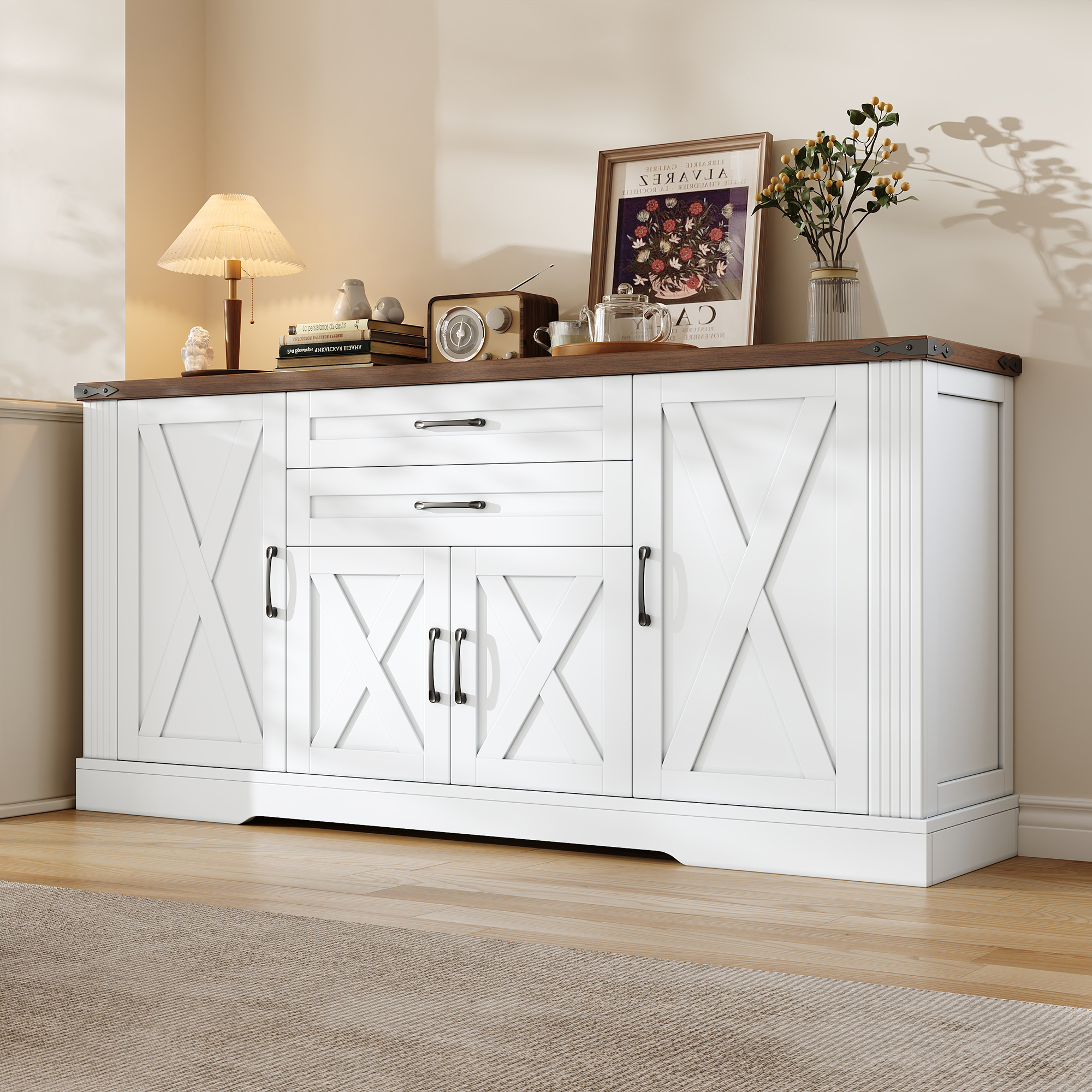 Buffet de cuisine Panneau composite de fibres de bois à densité et panneaux de particules, 160x39x81,5 cm, 4 portes avec charnières amorties et 2 tiroirs coulissants