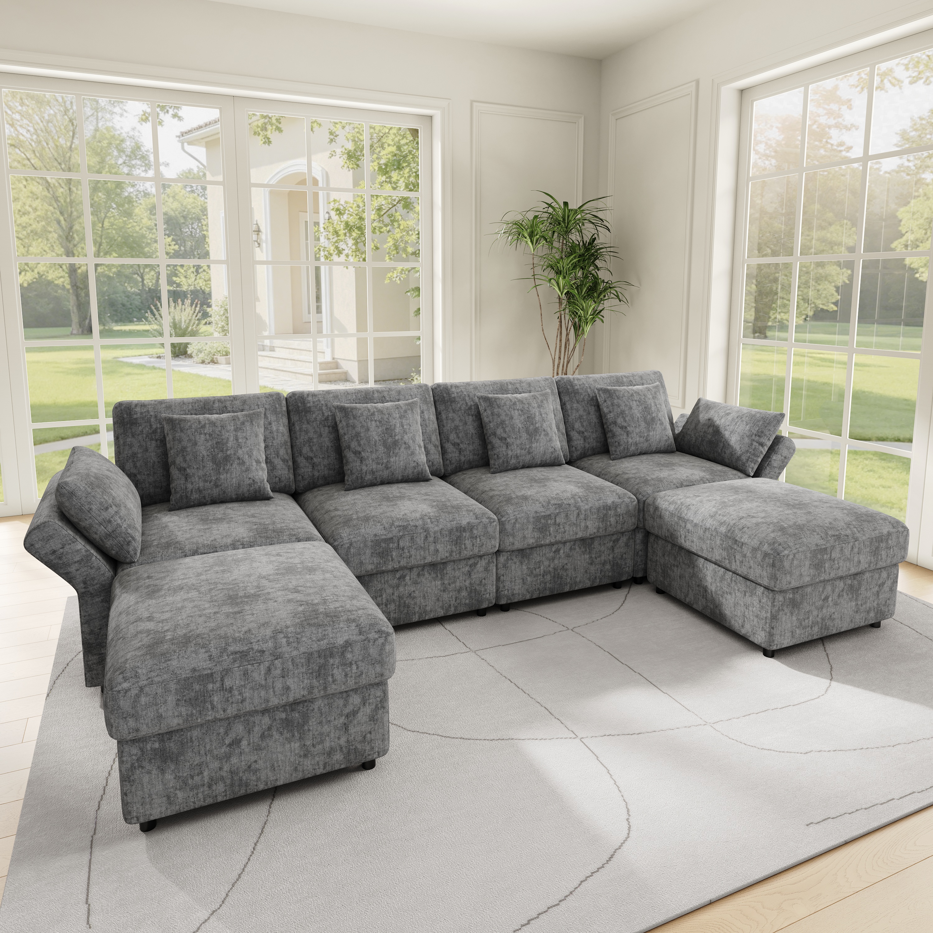 Canapé d'angle modulable 4 à 6 places avec 2 poufs mobiles et accoudoirs réglables 90 120 180 degrés