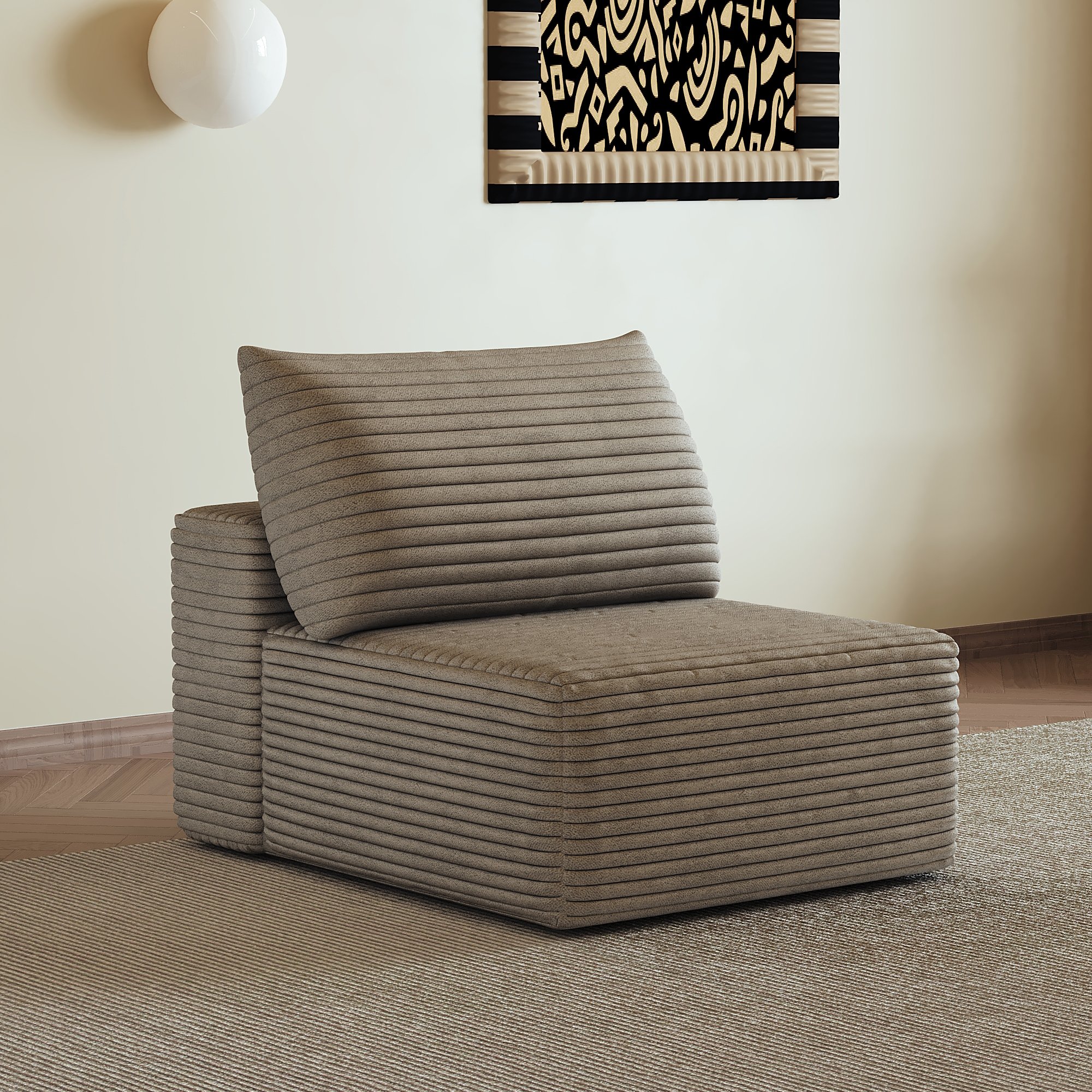 Canapé une place Camel en tissu velours côtelé, structure modulaire sans montage, style nuage pour salon ou chambre, dimensions 70x95x83 cm