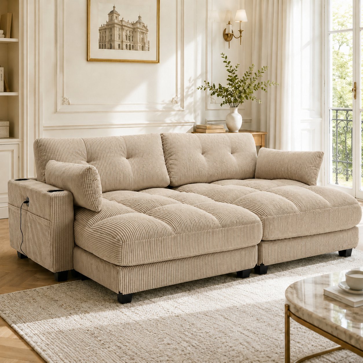 Canapé 2 places velours côtelé khaki modulable en 2 fauteuils avec 4 porte-gobelets, 4 poches latérales et ports USB sur accoudoirs
