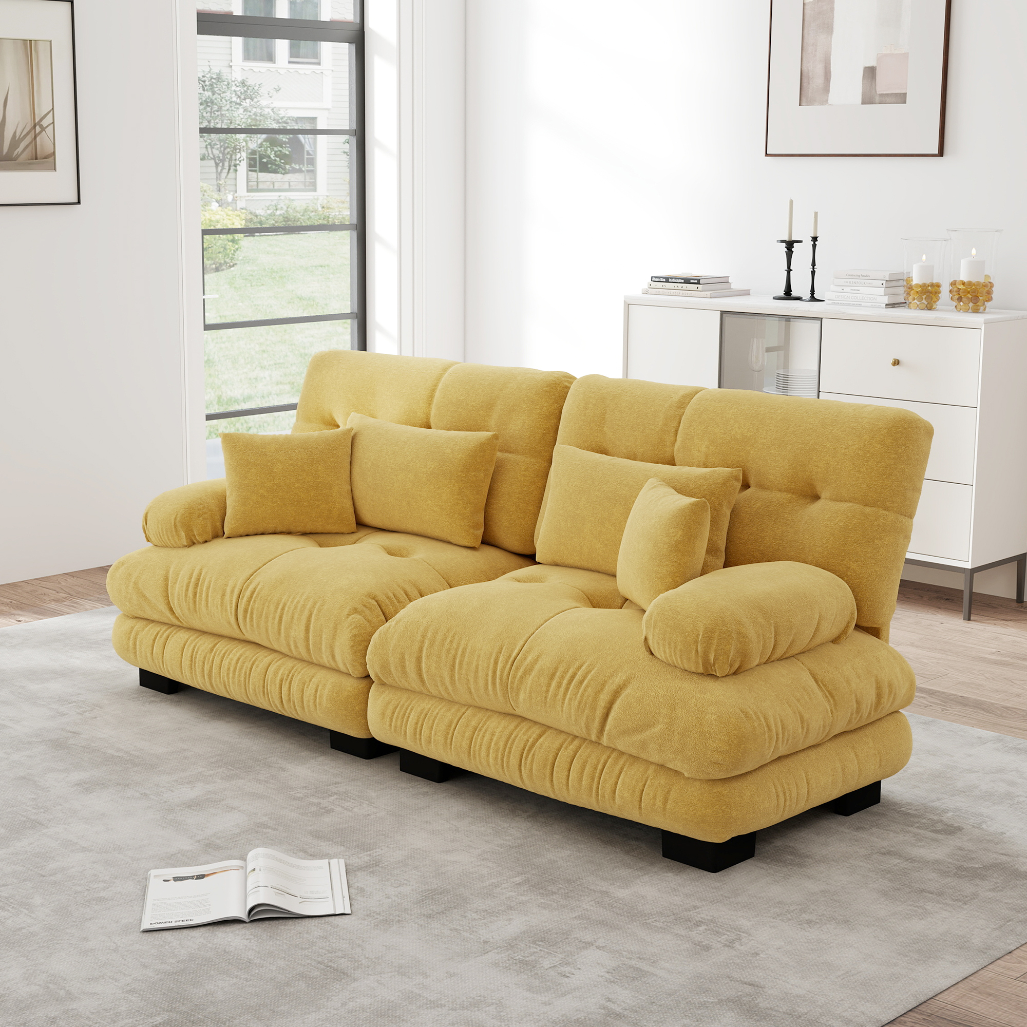 Canapé d'angle modulable en tissu chenille jaune, double sofa avec dossier bas et accoudoirs ronds, cadre en bois massif, idéal salon