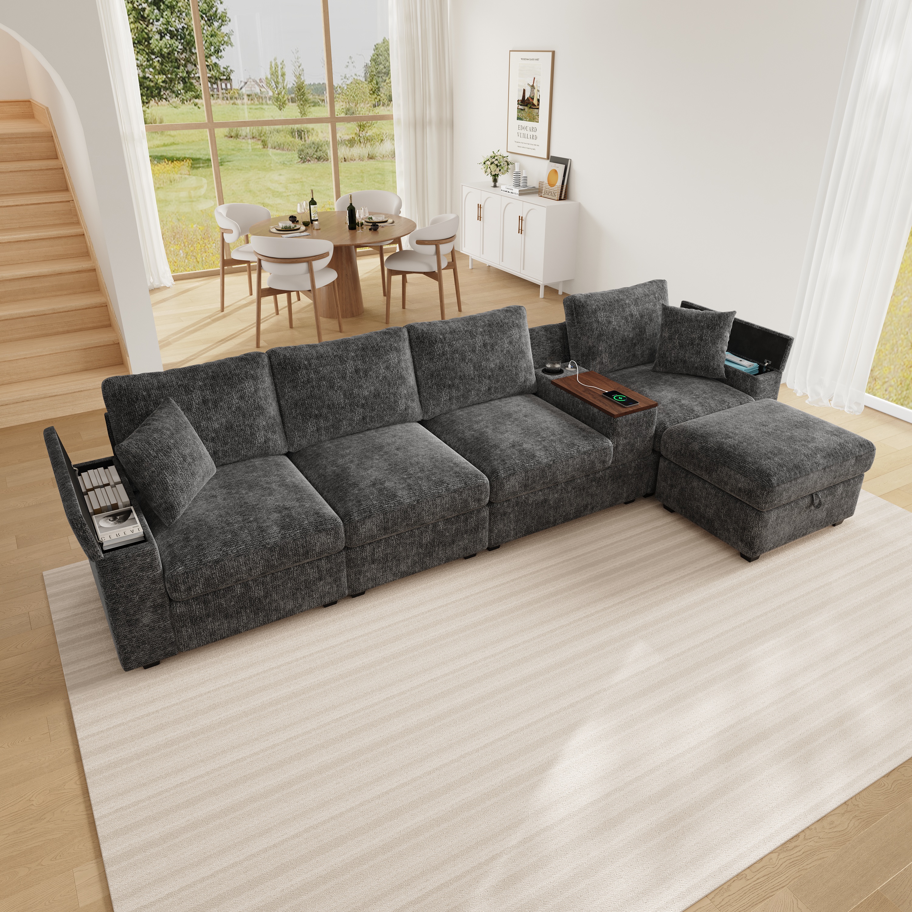 Canapé d'angle 5 places avec coffre, ports USB et Type-C, porte-gobelets et table basse pivotante