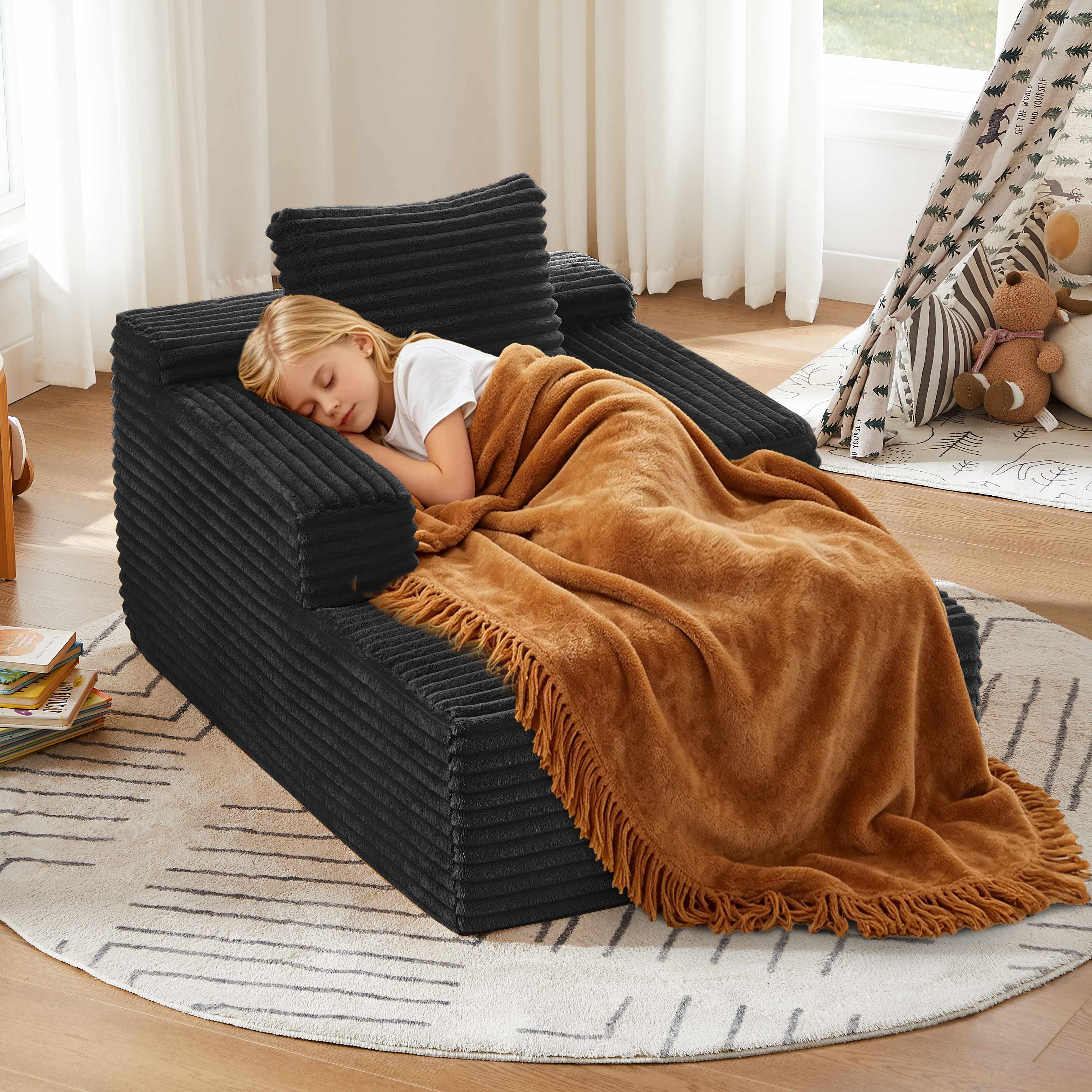 Chaise longue sans montage en velours côtelé noir, canapé lit moderne pour salon et bureau, confort immédiat prêt à l'emploi