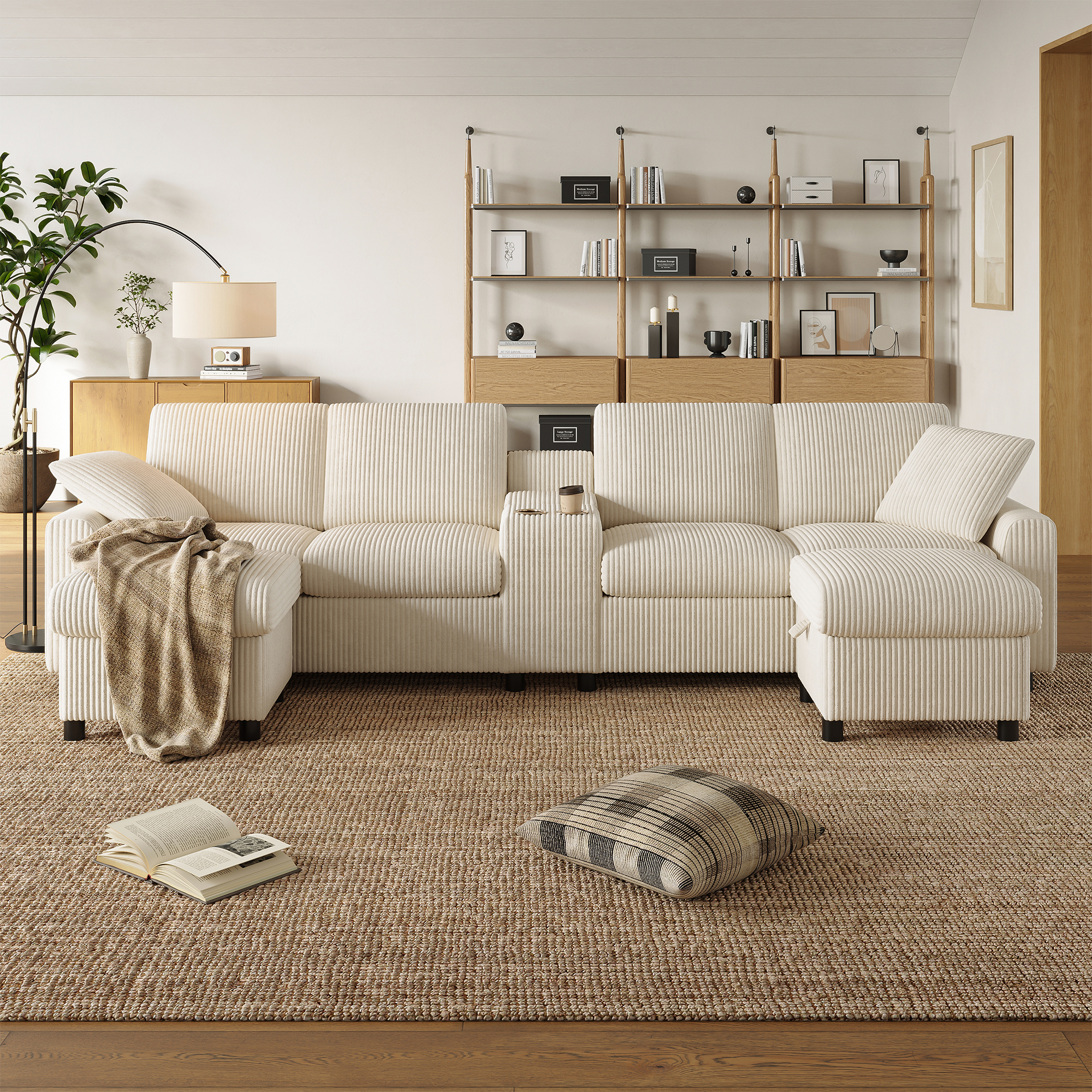 Canapé en U beige en velours côtelé avec coffre, 2 poufs, table basse et prises USB Type-C, 315 cm