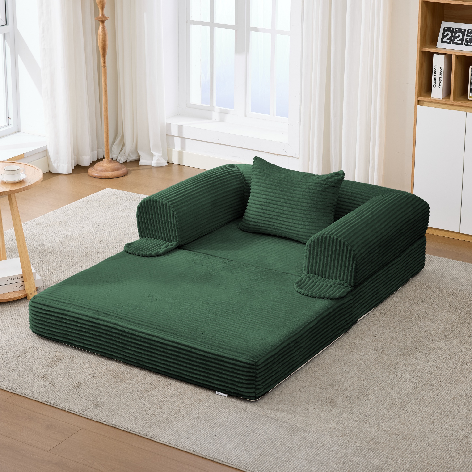 Fauteuil Convertible Lit Simple Vert - Canapé Single 120x85x65cm Tissu Côtelé sans Outil avec Coussin pour Petit Espace Salon