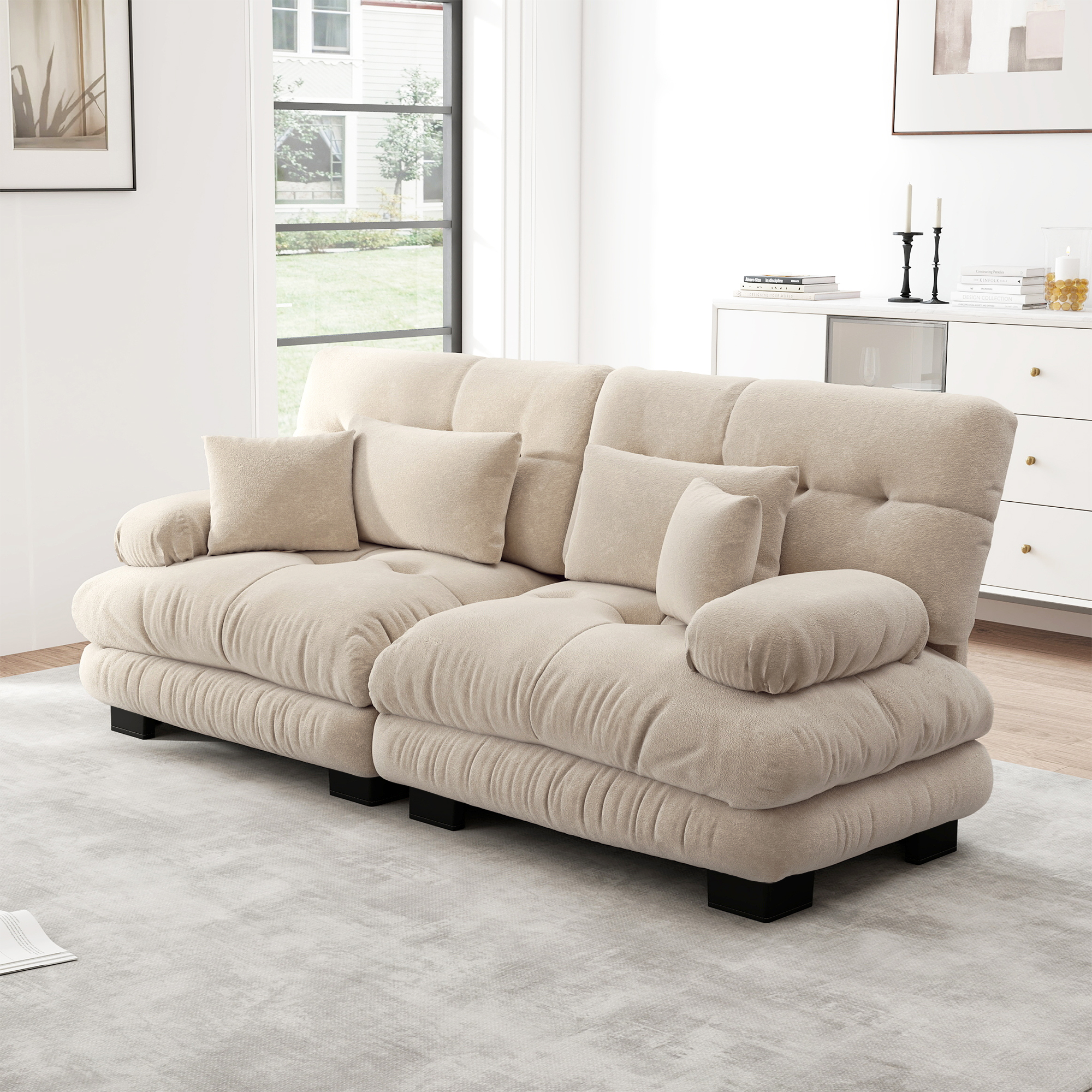 Canapé d'angle 3 places 220x77x81 cm en chenille beige clair avec cadre en bois massif et coussins inclus