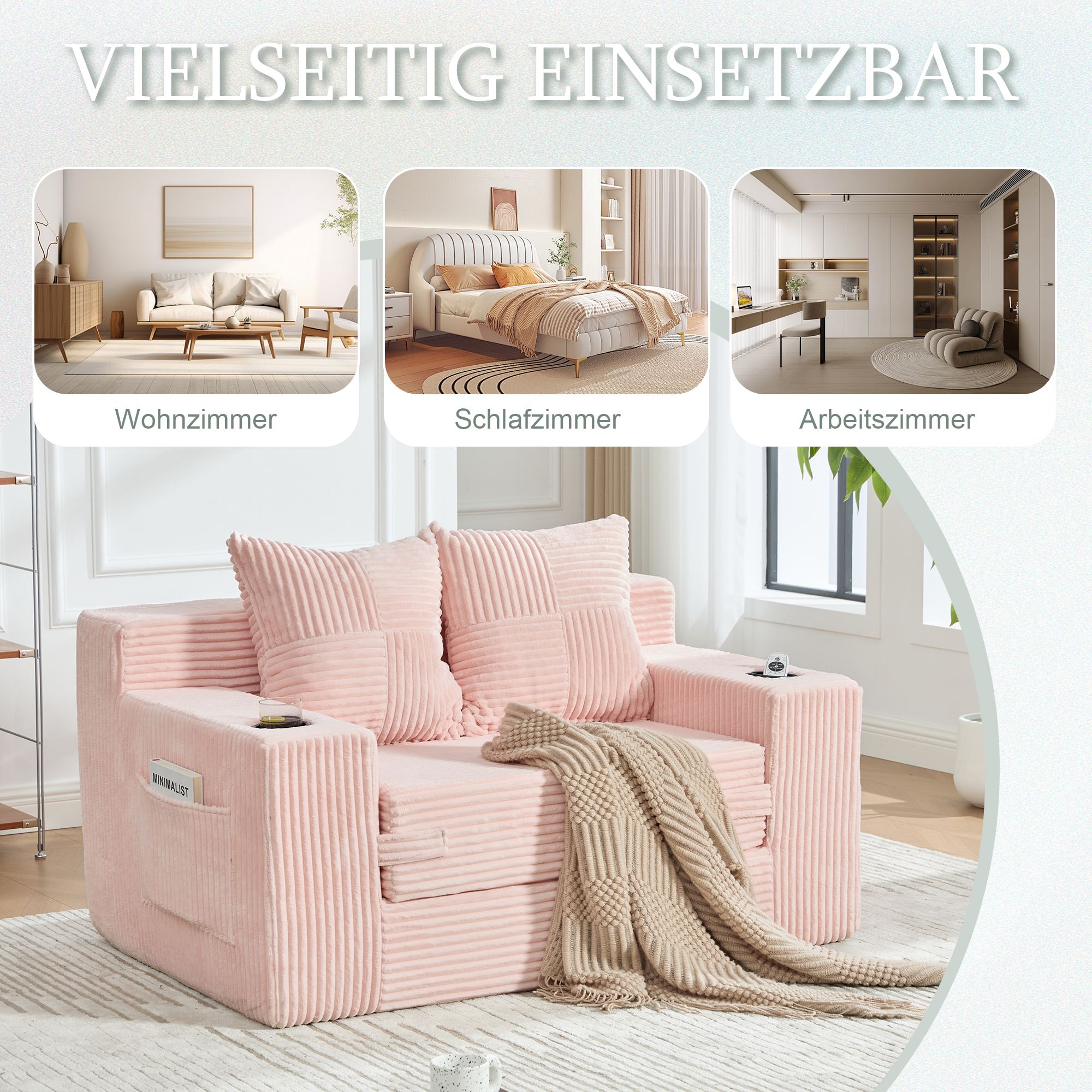 Petit Canapé Salon Stockage Latéral, Canapé Droit Moderne Couleur Rose Avec Coussins et Porte-Gobelet Intégré