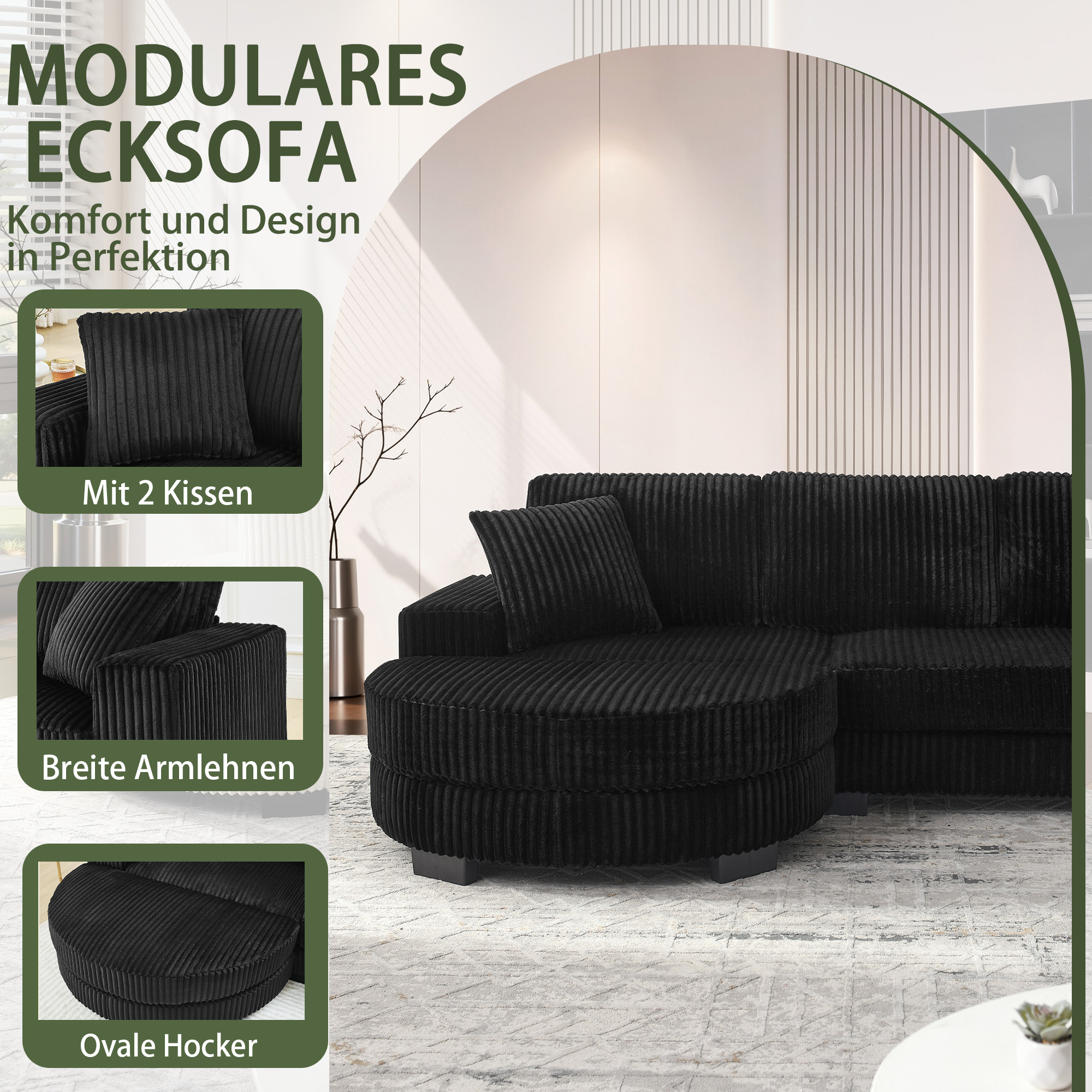Canapé d'angle modulable noir 4 places avec coussins et pouf ovale ajustable pour salon ou bureau