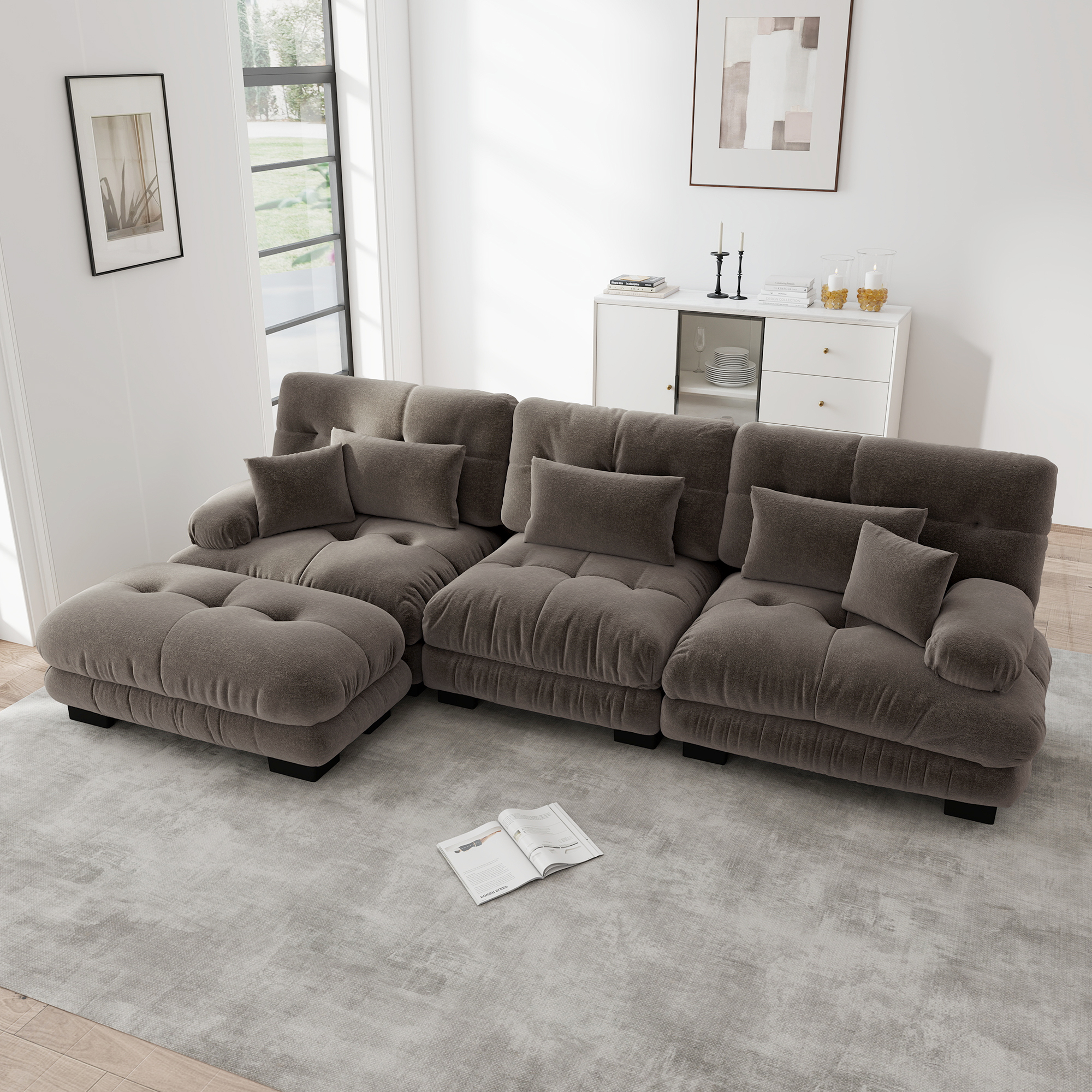 Canapé d'angle modulable en L 313x145cm, Canapé Salon Profond avec Ottoman, Tissu Chenille Marron, Design Contemporain