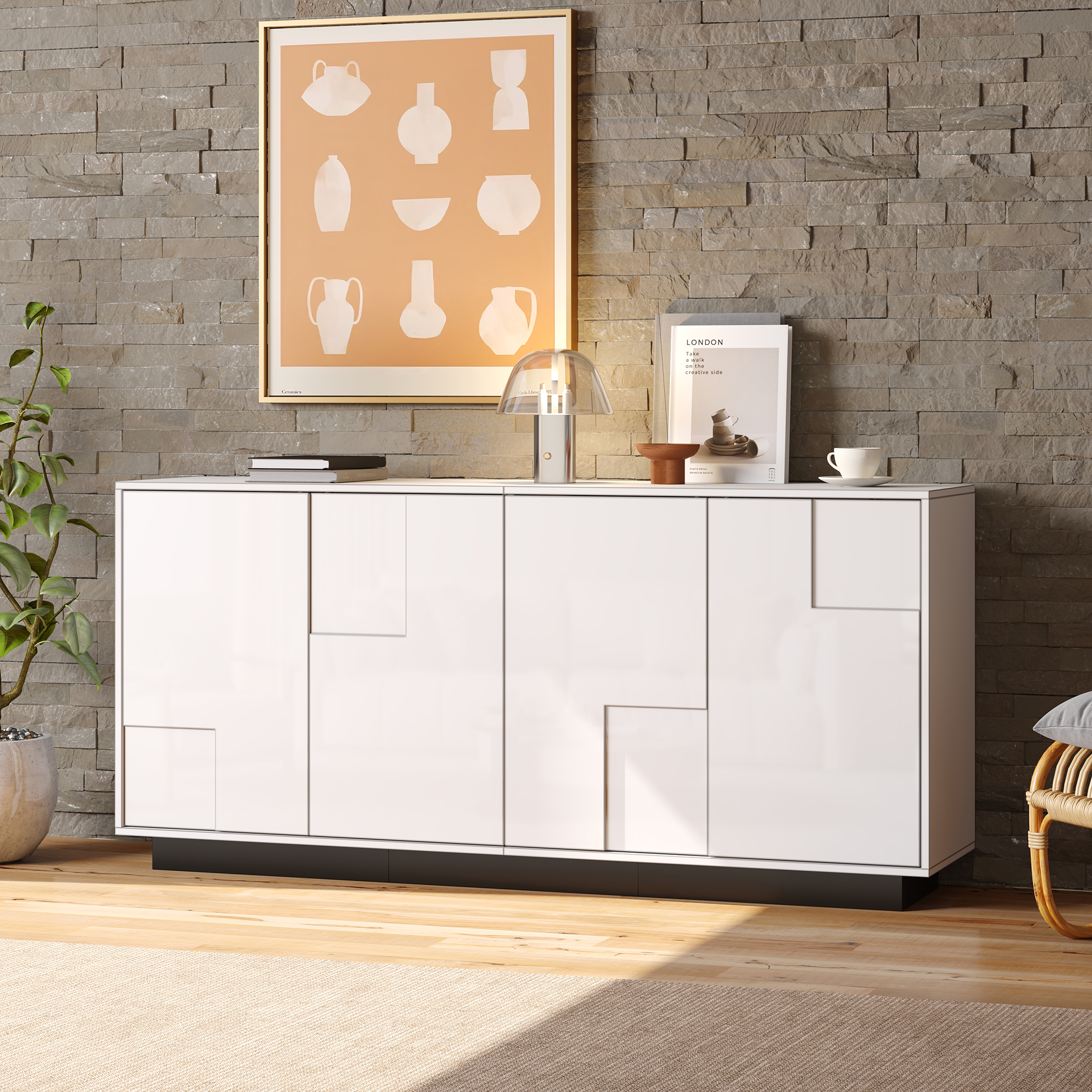 Buffet Design Géométrique 160 cm, Ouverture Push-to-Open, Grand Stagiaire avec 4 Portes et 2 Étagères pour Salon
