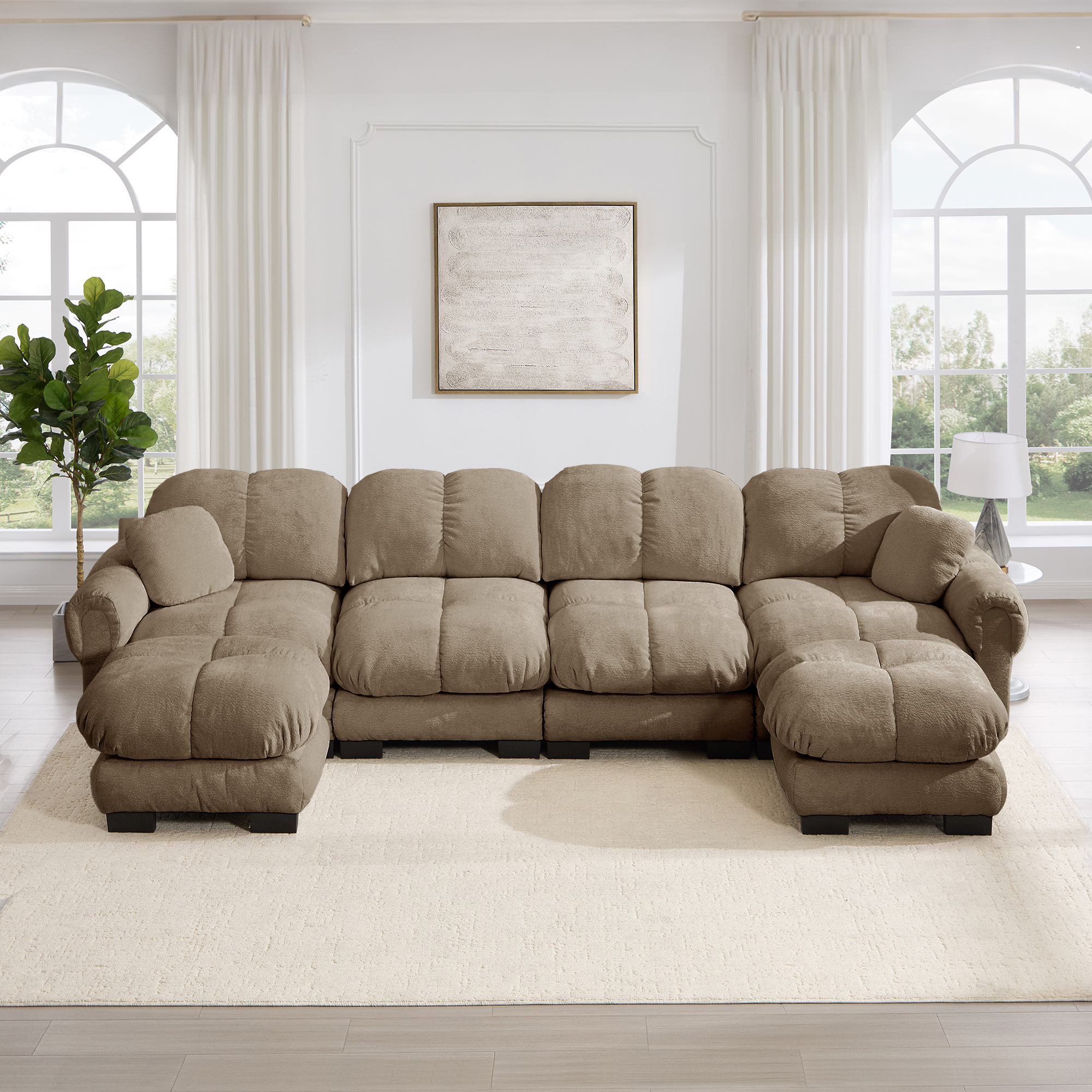 Canapé Modulable 4 Places En U Avec Ottoman Mobile Design Ergonomique Tissu Chenille Marron Salon Confortable