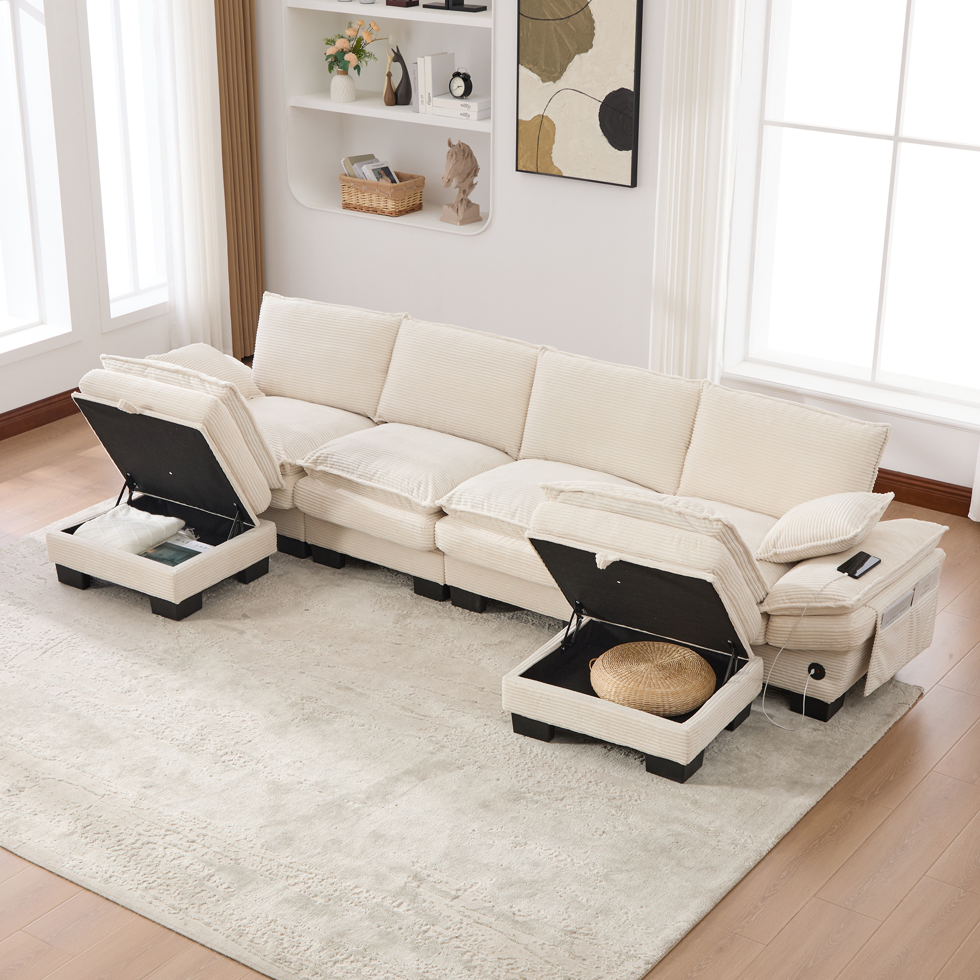 Rangement intégré sous les poufs