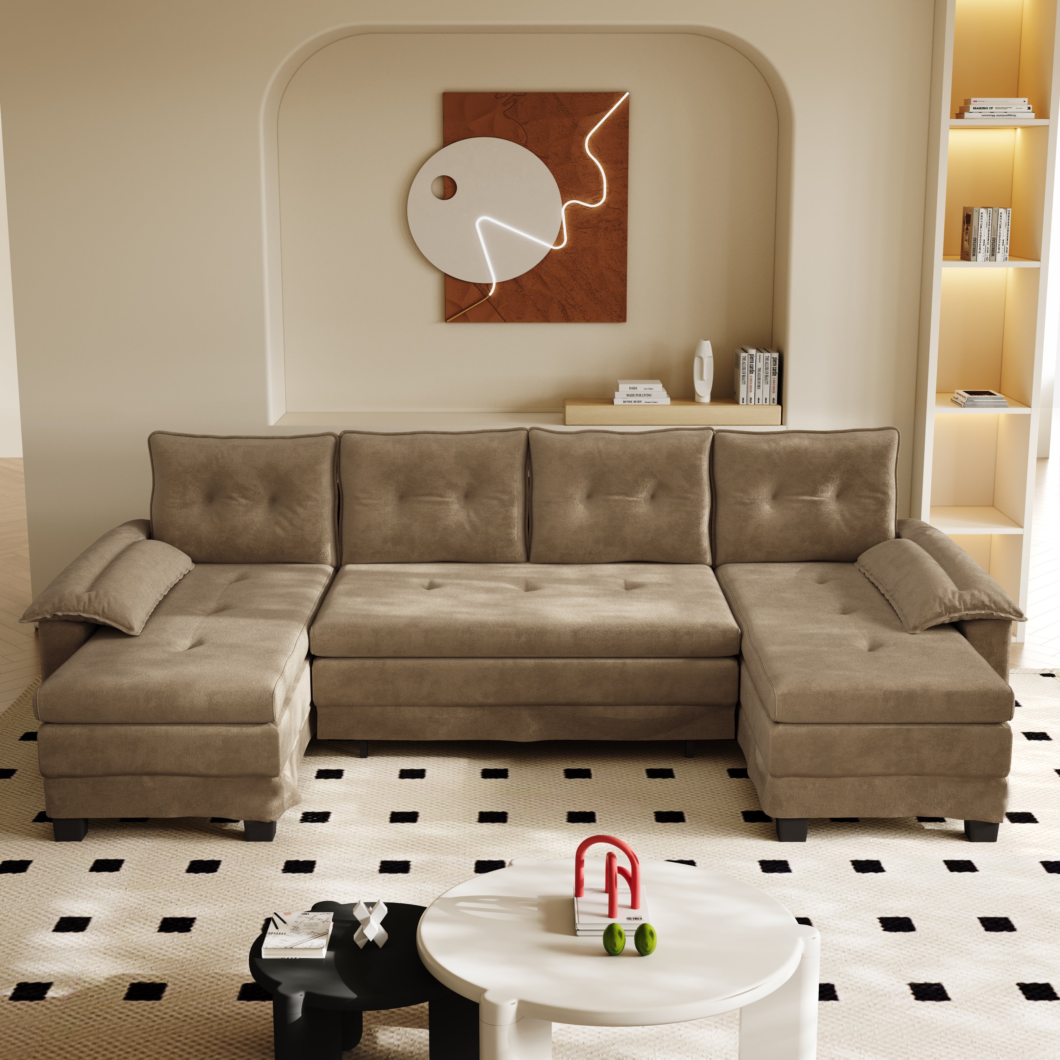 Fauteuil Panoramique en Chenille Khaki, Canapé Salon Moderne à Structure Modulaire et Chargeur USB Intégré