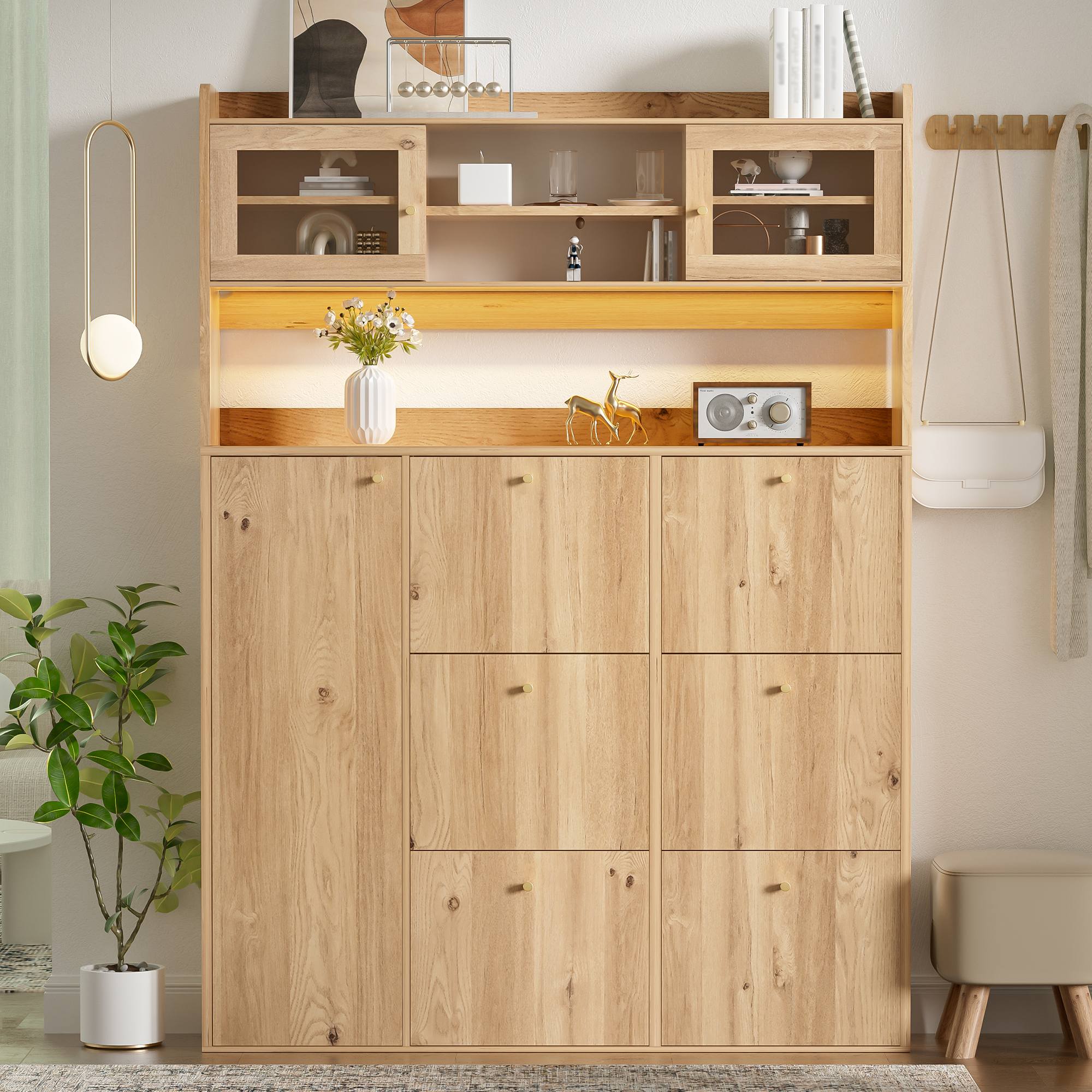 Meuble à chaussures moderne avec LED et porte vitrée, 6 niveaux modulables, largeur 130 cm, couleur naturel