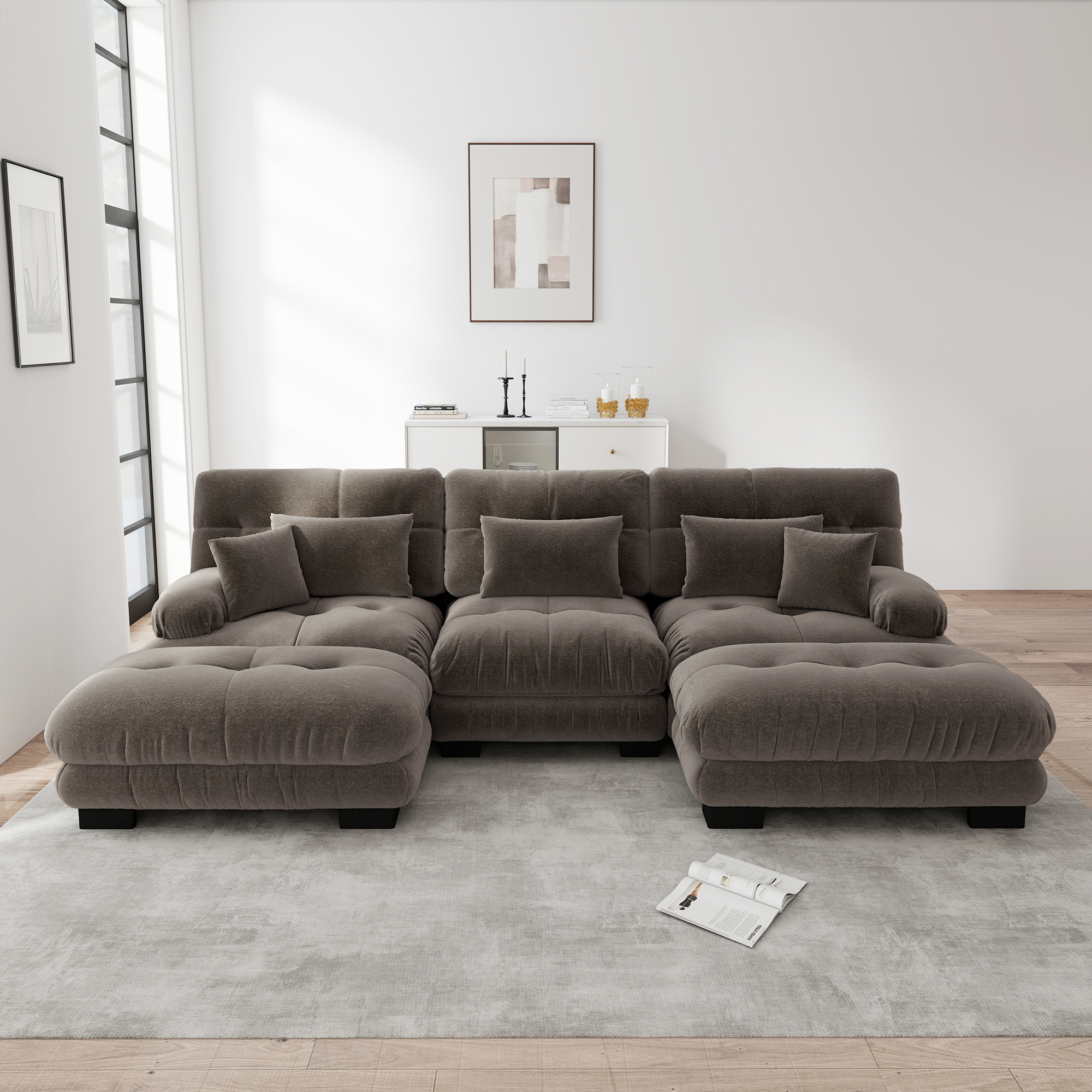 Canapé Modulable D'angle En U Avec Ottoman, Canapé Salon Profond En Chenille Marron, Design Moderne Pour Grand Salon