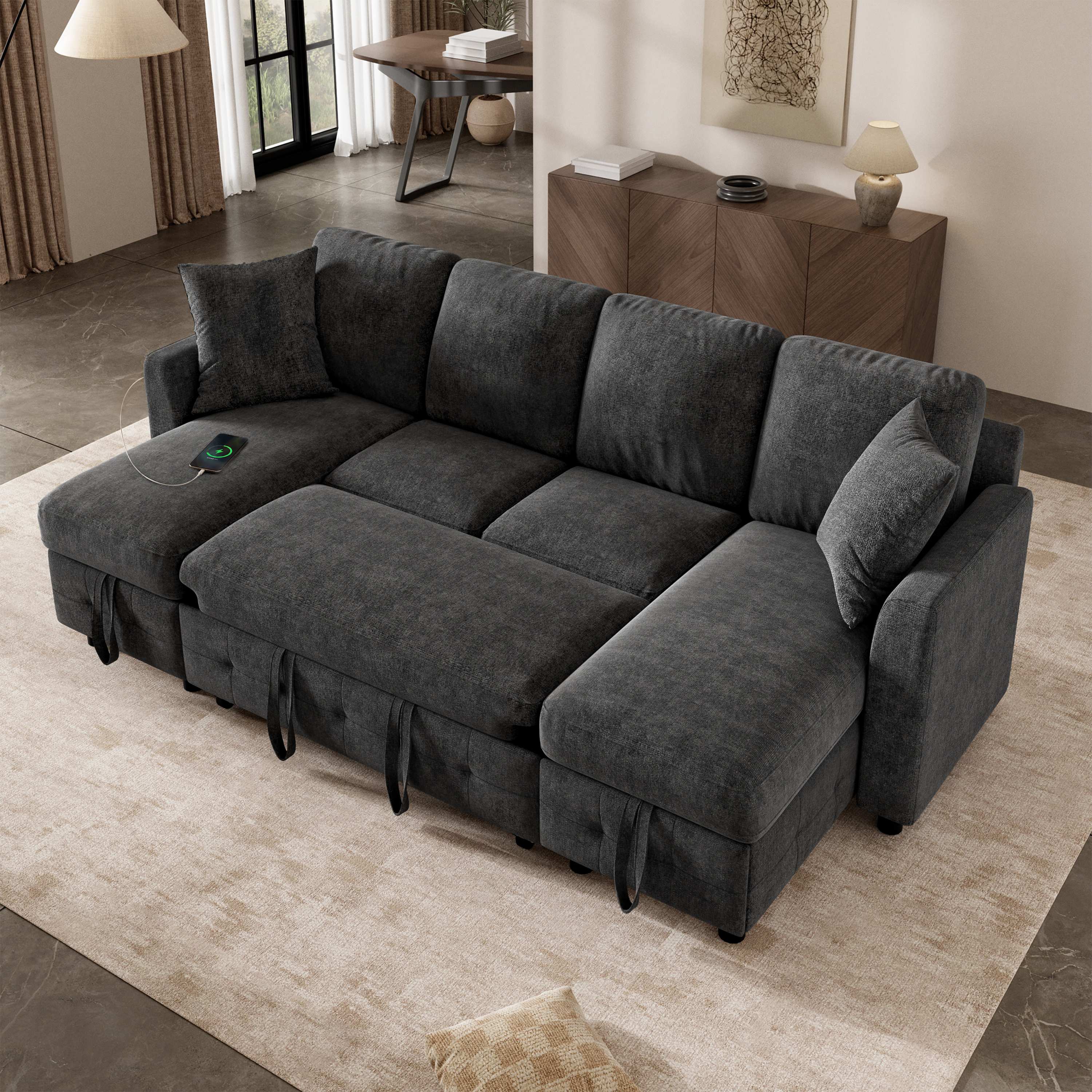 Canapé-lit en U gris foncé en tissu chenille, convertible avec rangements dans les méridiennes, ports USB et Type-C, dimensions 260x128x82 cm