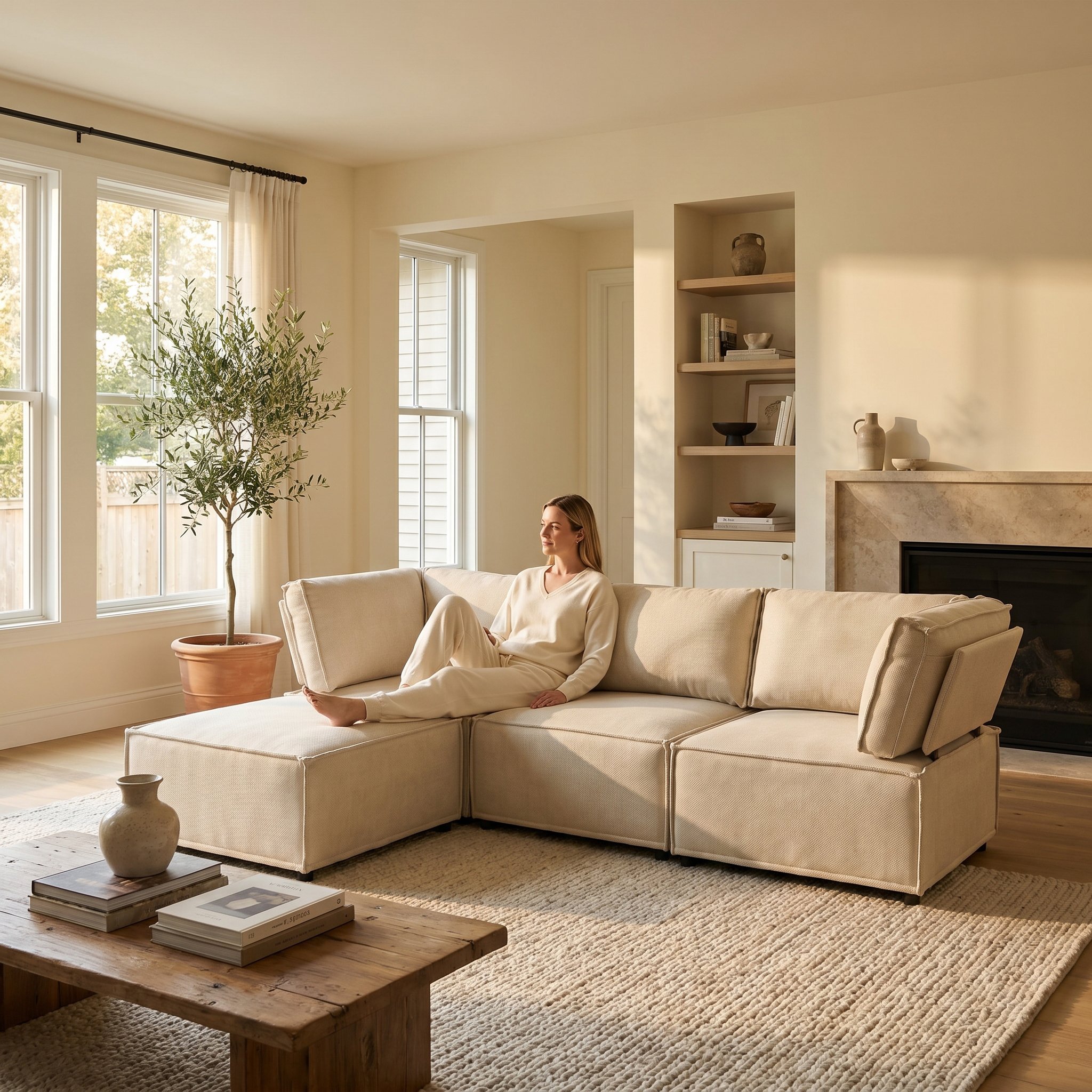 Canapé modulable convertible en lin beige avec structure bois massif, assise profonde et confort équilibré pour le salon moderne