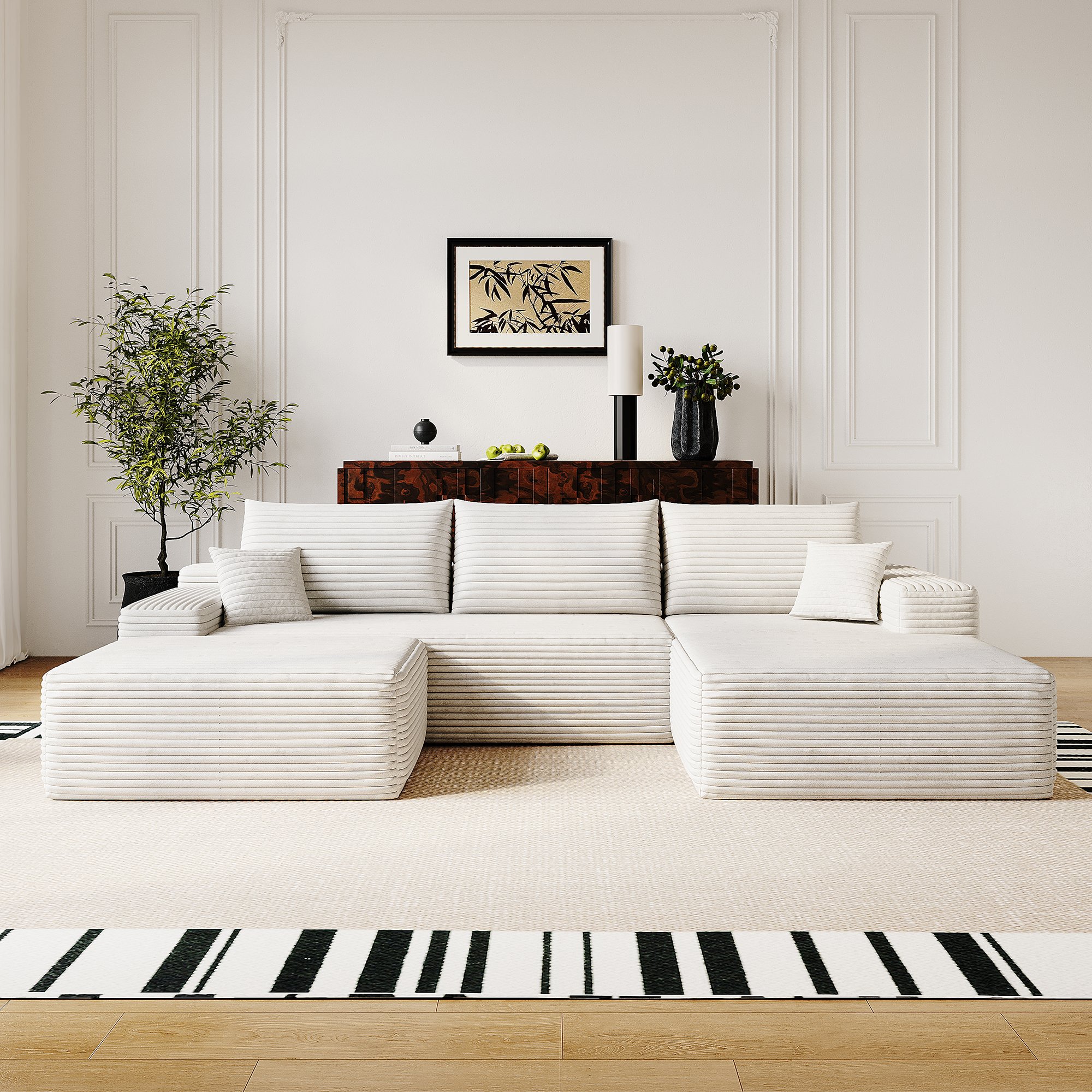 Canapé d'angle blanc 270cm sans montage, tissu côtelé et mousse haute élasticité, idéal pour petits espaces grâce à sa compression.