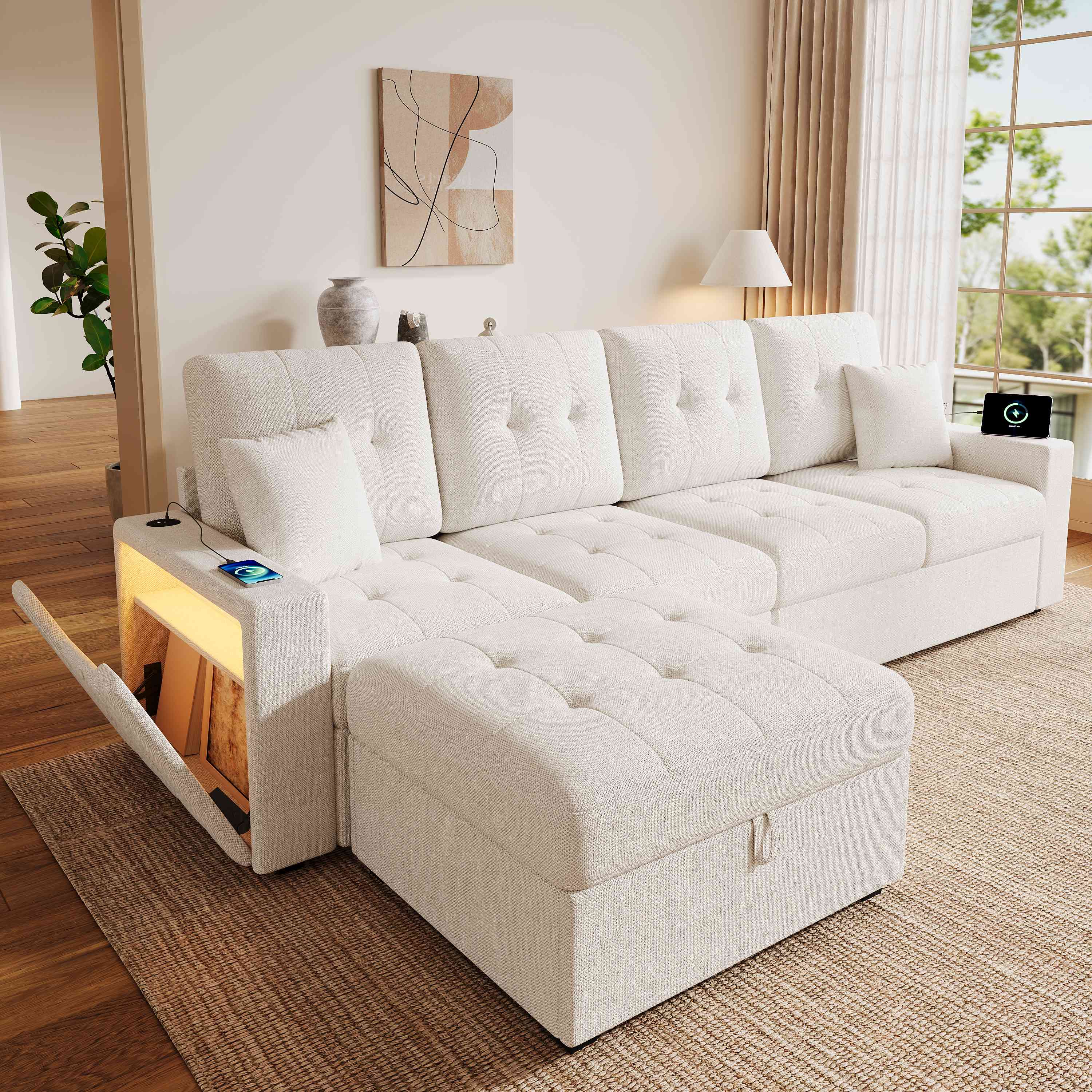 Canapé d'angle beige avec pouf amovible à rangement caché, lumière LED pilotée par app et connecteurs USB Type-C intégrés