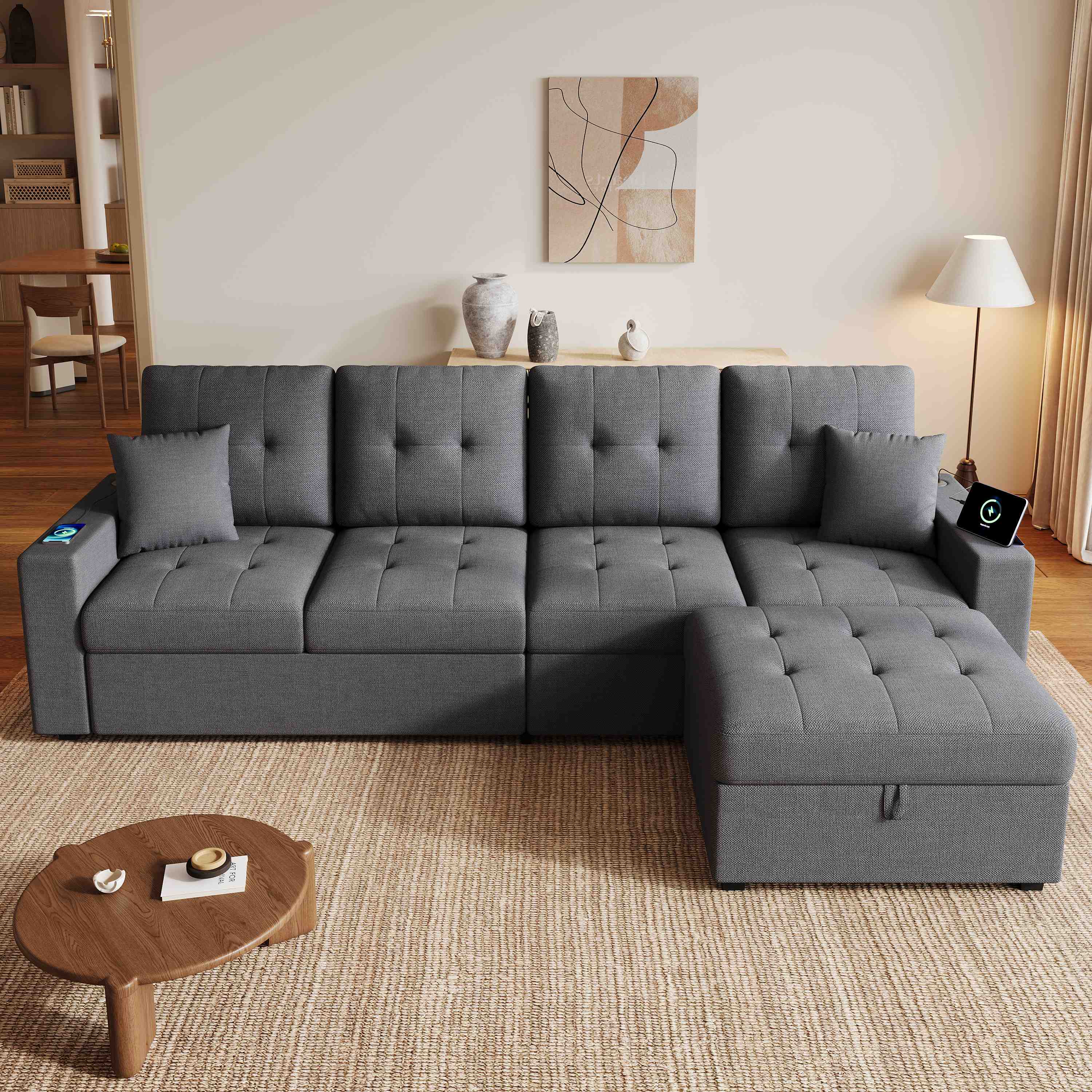 Canapé d'angle gris antique avec pouf de rangement, LED, ports USB Type-C, tissu lin, structure bois massif, 253x144cm