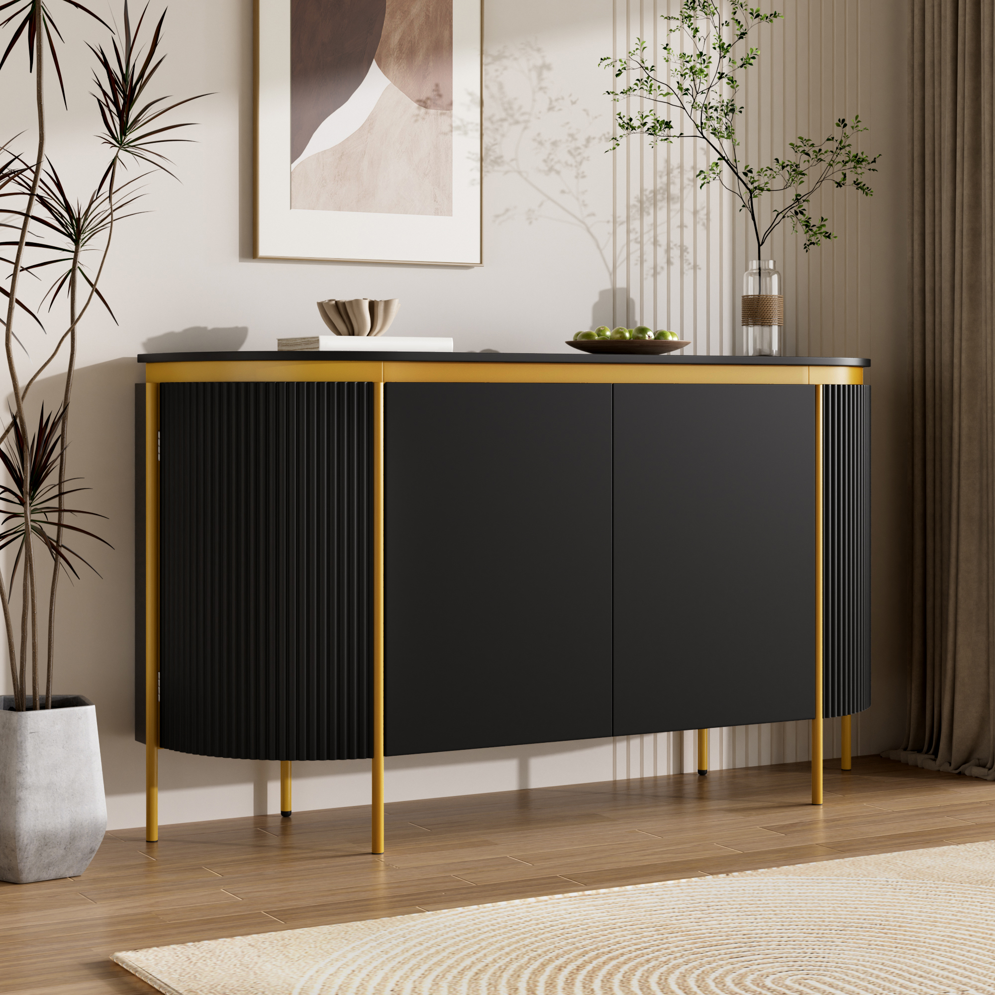 Buffet Contemporain Ovale Noir, Meuble Entrée 4 Portes Bord Doré et Pieds Surélevés pour Nettoyage Robot Aspirateur
