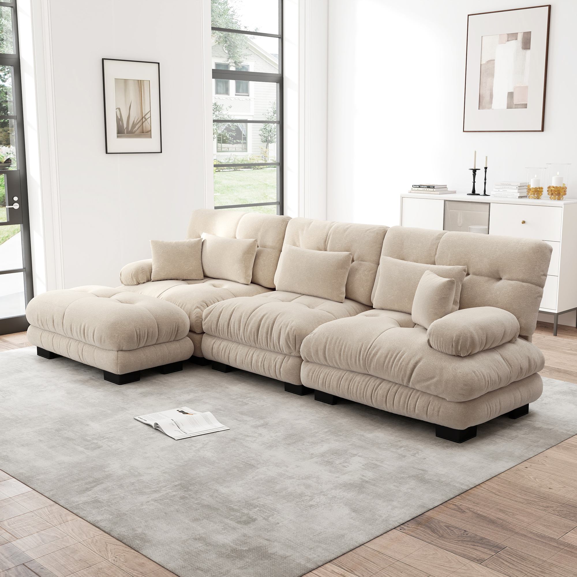 Canapé d'angle 5 places en chenille marron clair, structure modulable en L avec ottomans mobiles assortis