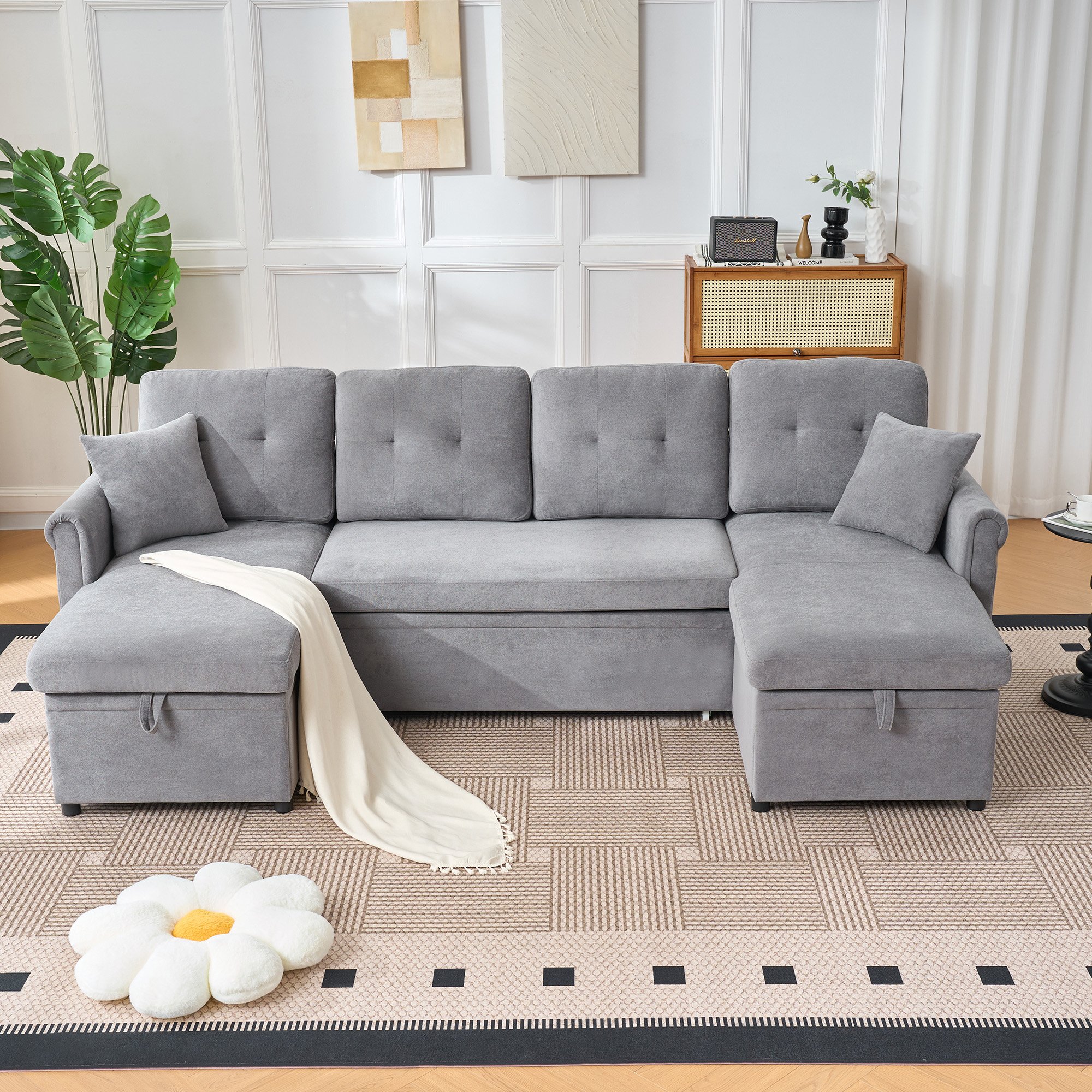 Canapé d'angle convertible U gris en chenille avec coffre de rangement, lit 240x124 cm pour salon ou chambre d'amis, assise profonde 109 cm