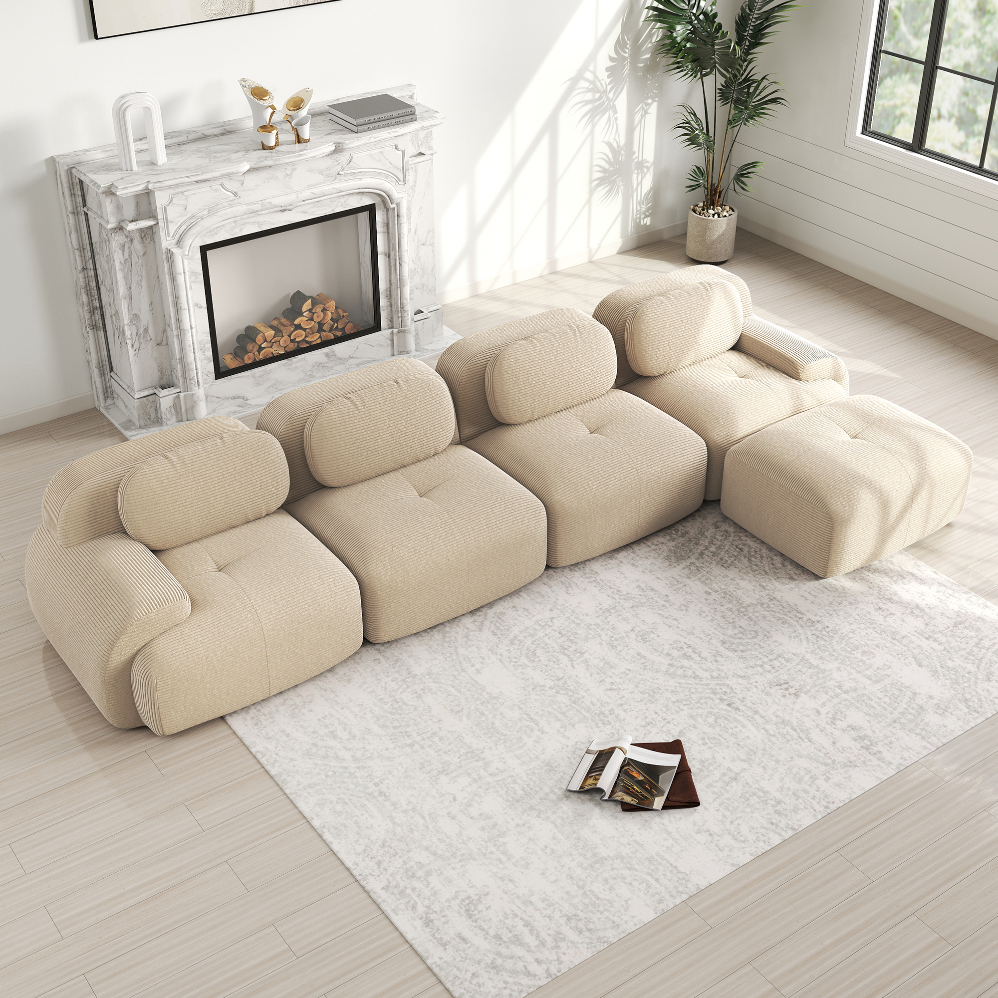 Canapé d'angle 4 places en velours côtelé beige avec structure sans cadre et assise 32D haute élasticité