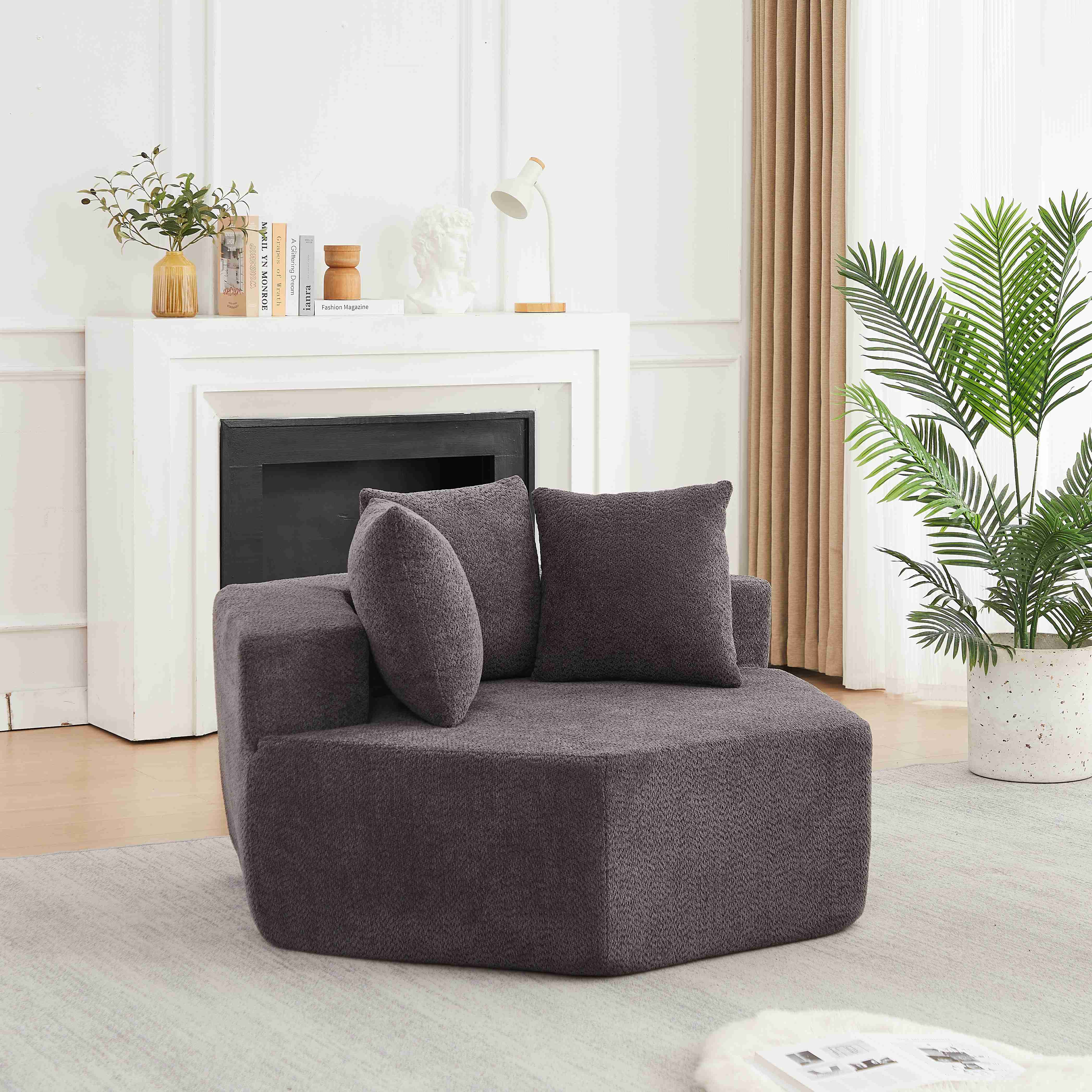 Fauteuil hexagonal rembourré en chenille grise, assise confort mousse et ressorts, style contemporain design