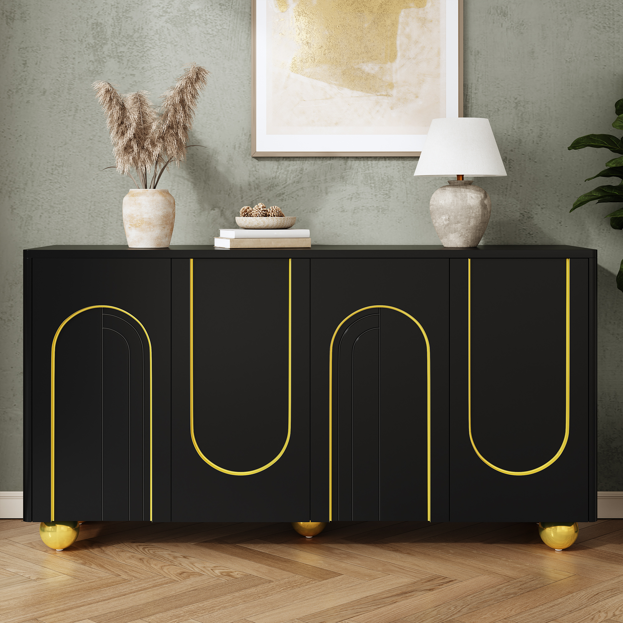 Buffet Noir Panneau composite de fibres de bois à densité Panneaux de Particules 4 Portes Étagères Fixes Charnières Amorties Pieds Métalliques 140x40x74 cm