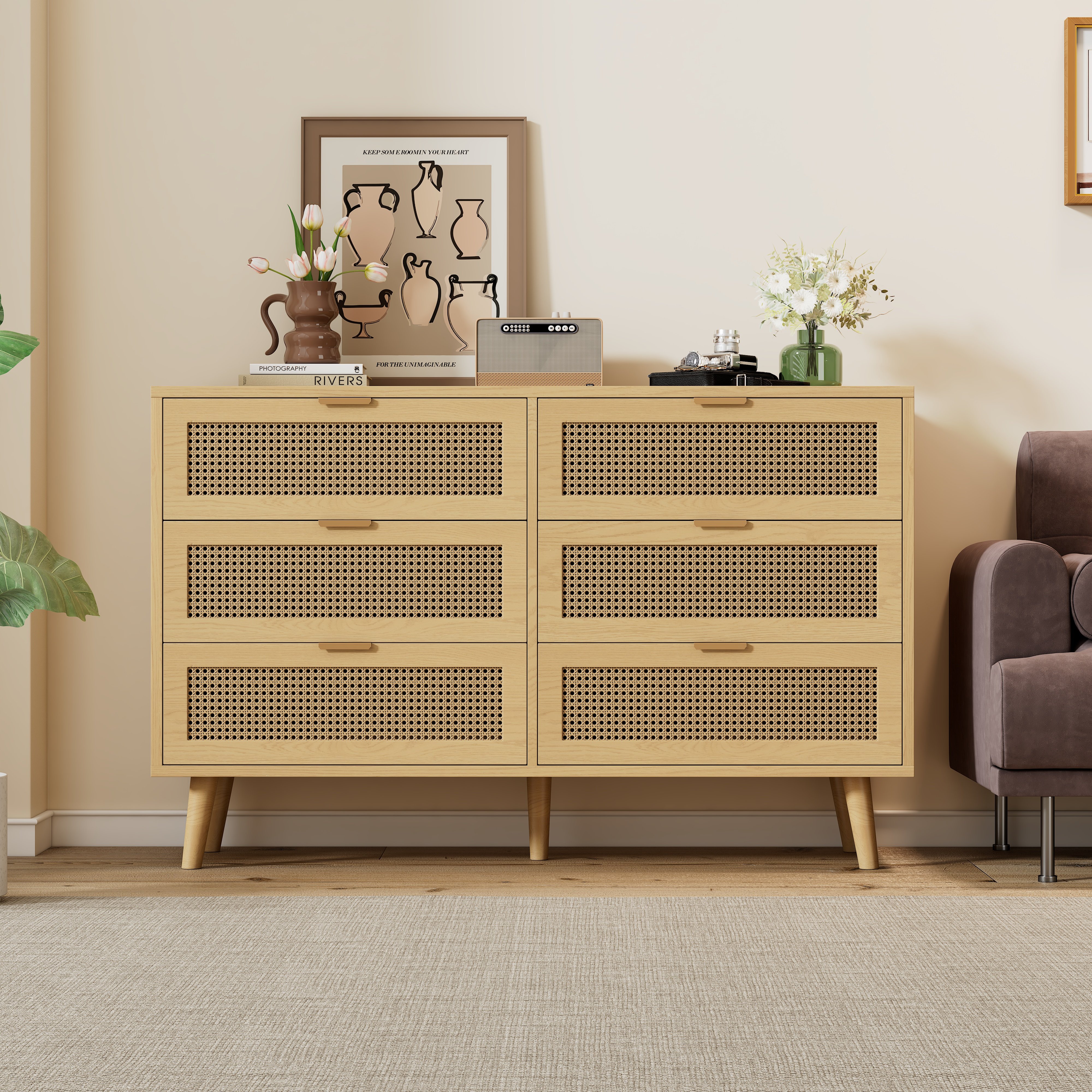 Buffet 6 tiroirs style rattan 120x76,5 cm Meuble rangement haute capacité avec poignées métal pour décoration intérieure