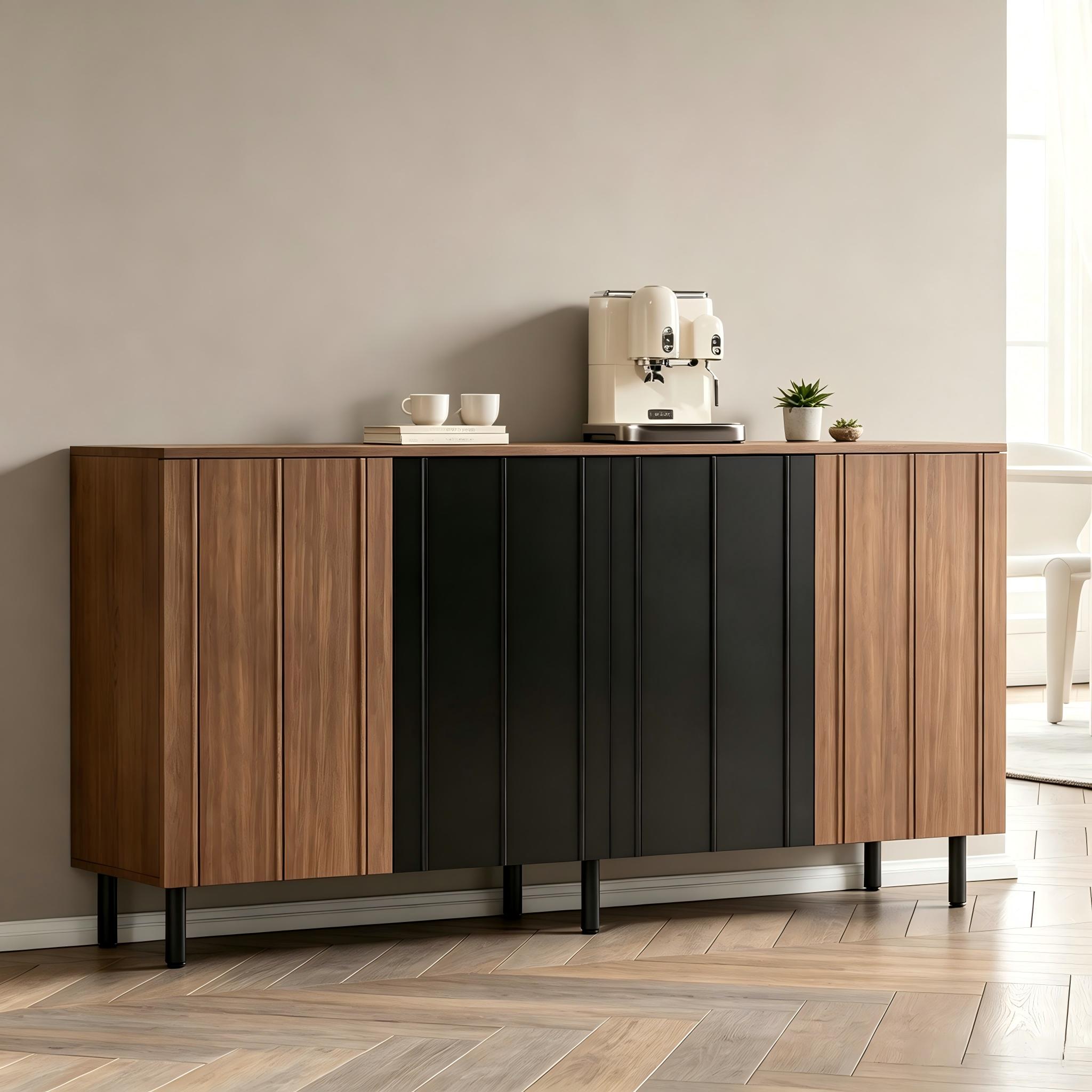 Buffet de cuisine 160x35x80 cm, 4 portes, panneau de particules couleur noyer et noir, meuble rangement salle à manger