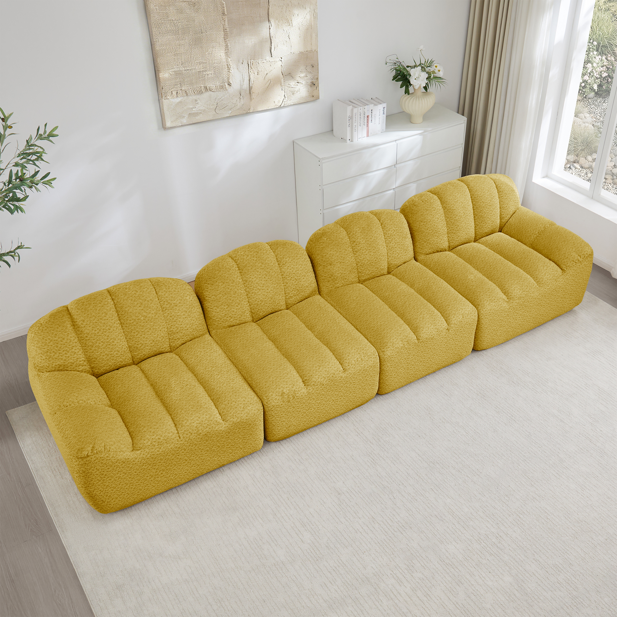 Canapé Modulable 4 Places Jaune Tissu Peluche Design Sans Dossier Avec Rangement Intégré