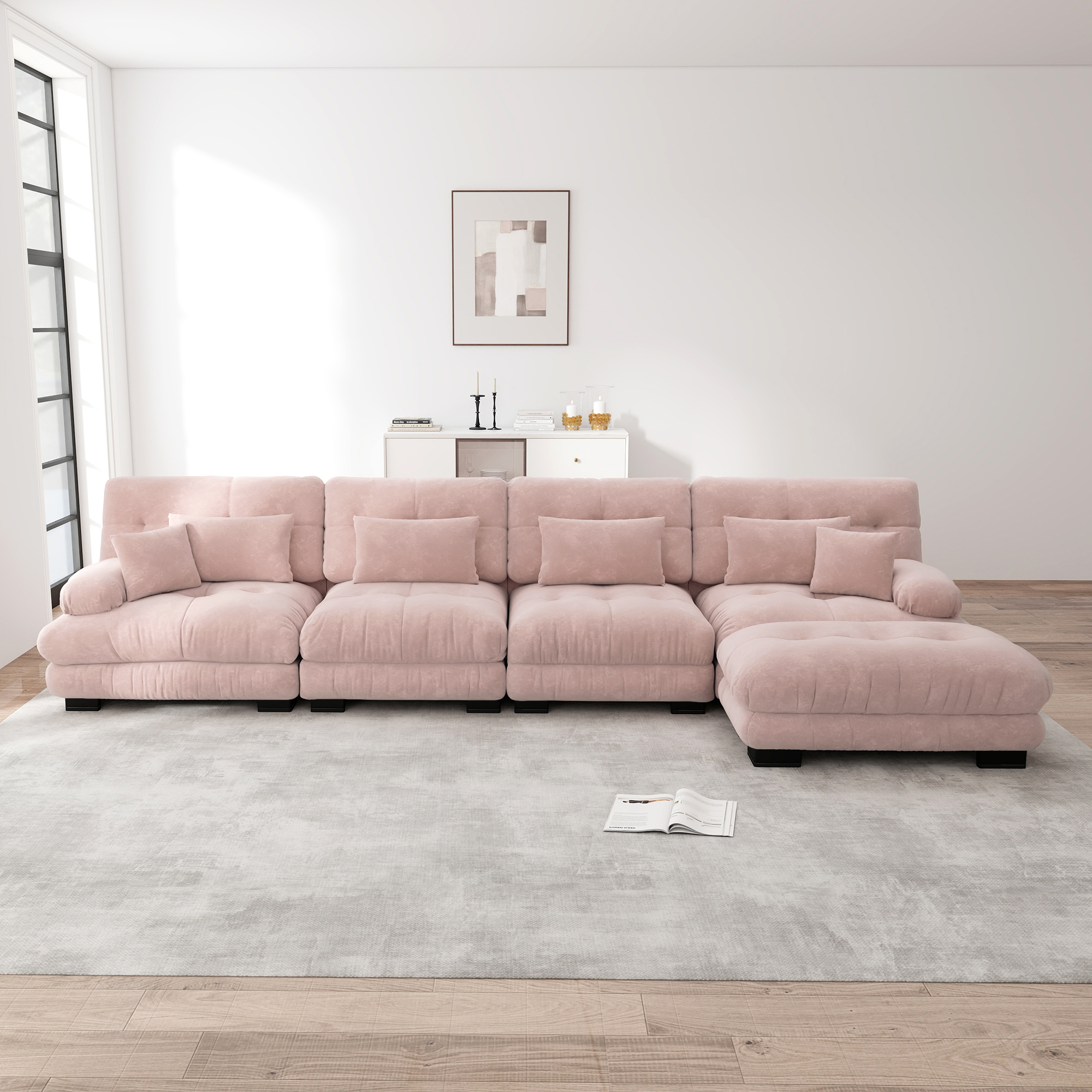 Canapé d'angle 4 places modulable avec ottoman mobile et LED intégrée, combinaison DIY en chenille rose