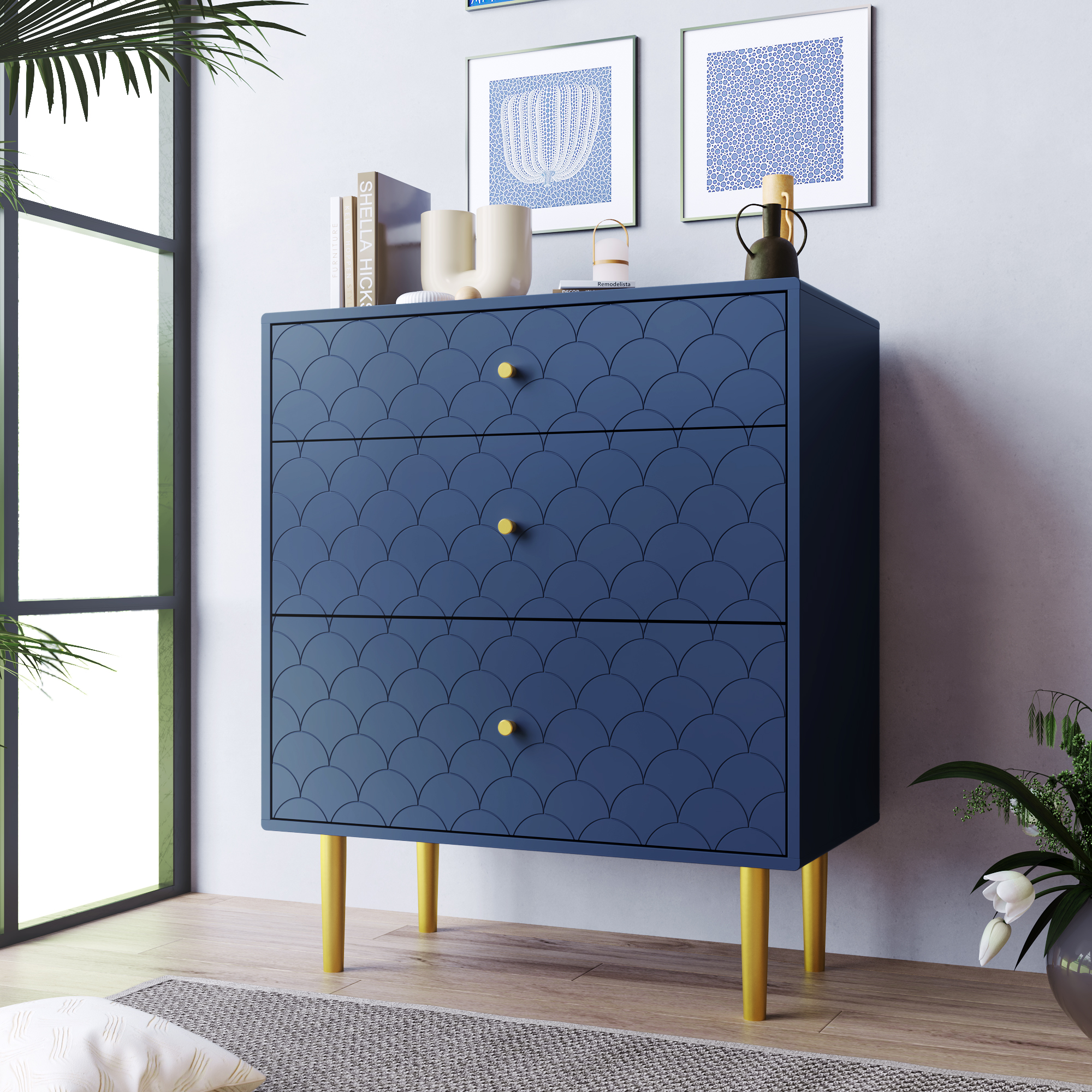 Buffet Moderne 3 Tiroirs Bleu Marine, Meuble Haut 89cm avec Pieds Métal 20cm, Rangement Chambre Salon Montage Facile
