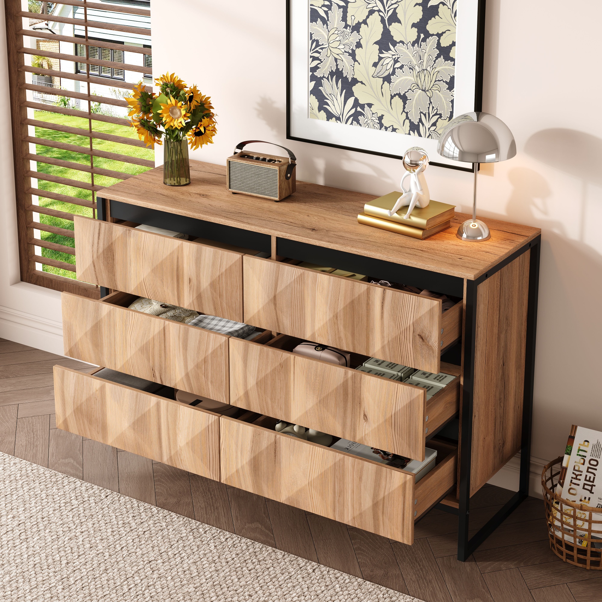 Buffet avec 6 Tiroirs Spacieux Poignées Cachées Noires Meuble de Rangement Design Industriel