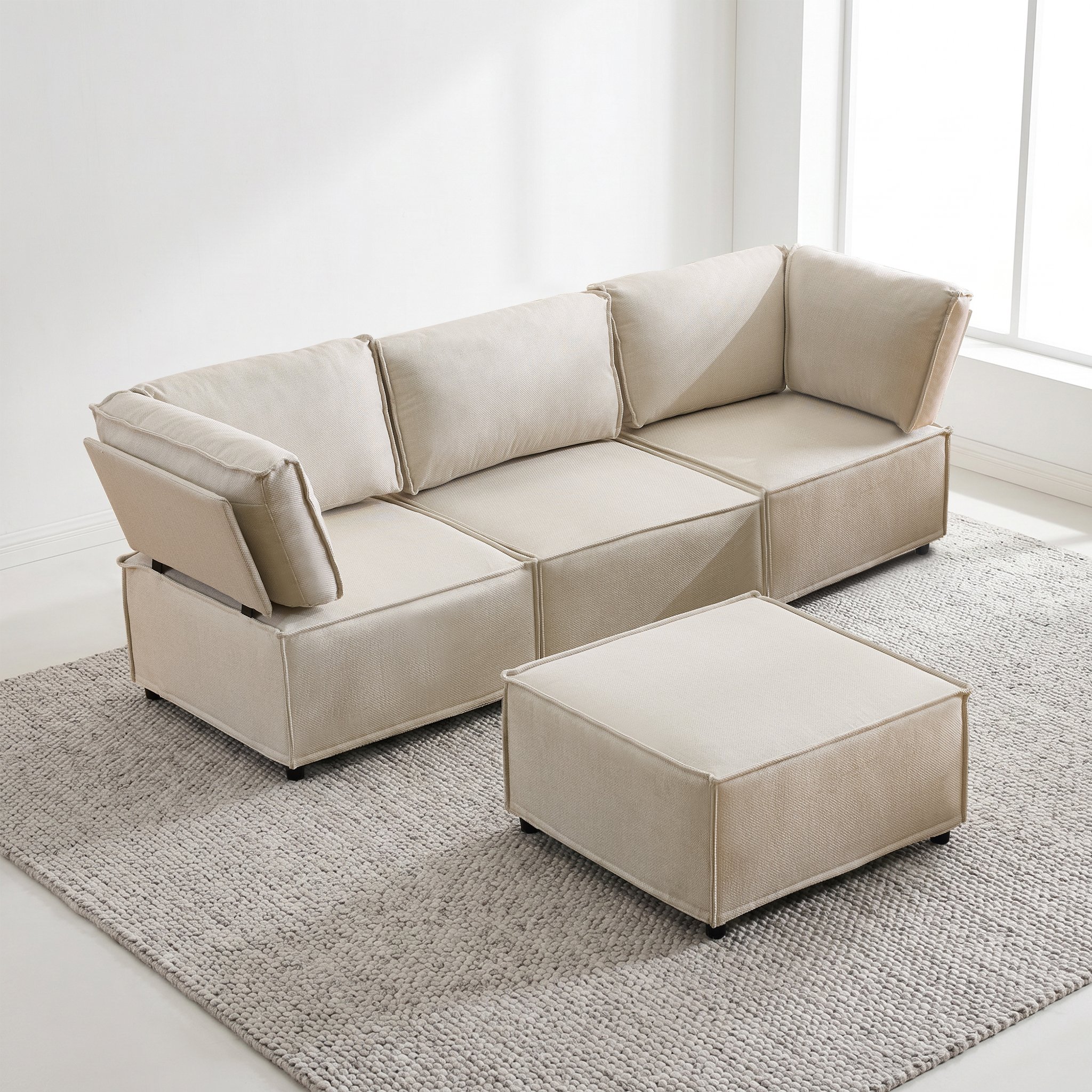 Canapé modulable convertible en lin beige avec structure bois massif, assise profonde et confort équilibré pour le salon moderne