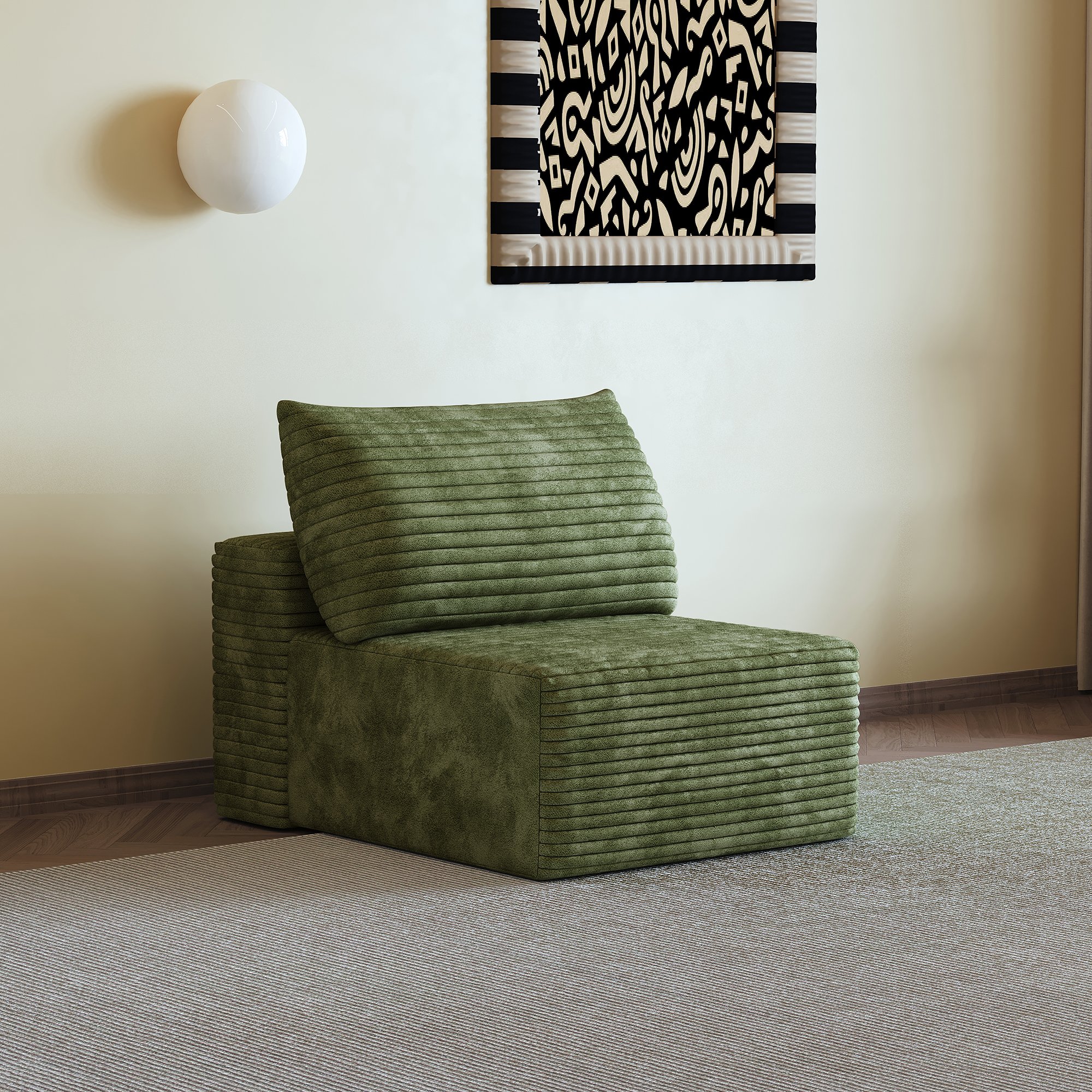 Canapé une place vert en tissu côtelé, style nuage sans montage, dimensions 70x95x83 cm pour salon ou chambre
