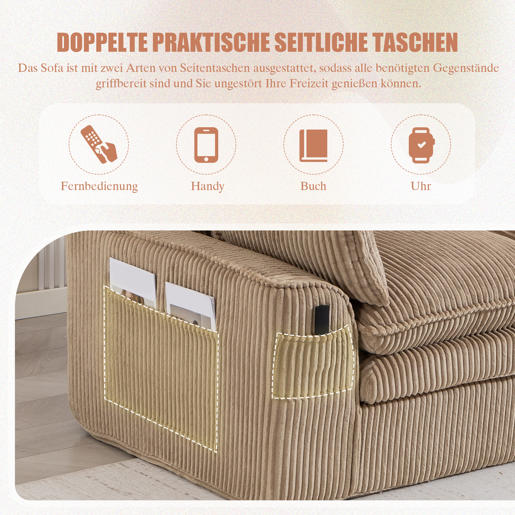 Canapé modulable 3 places avec poches latérales, mousse 3 couches et ressorts à retour rapide