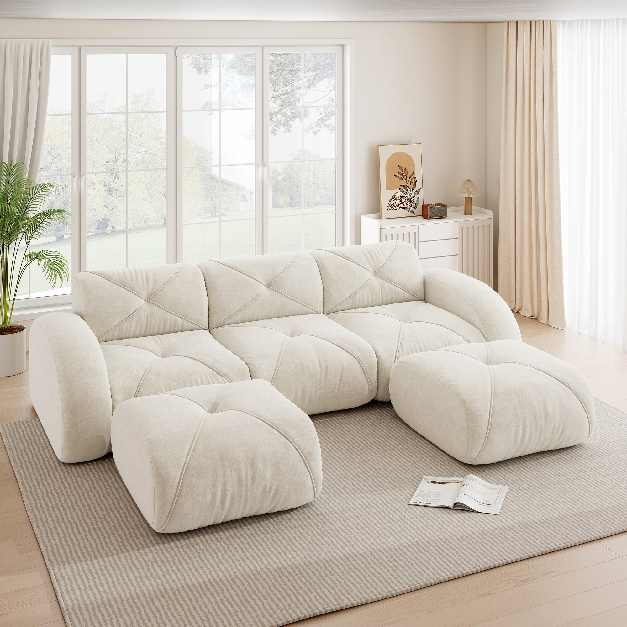 Canapé modulable en forme de U 3 places, revêtement chenille beige clair résistant aux griffes, design contemporain salon