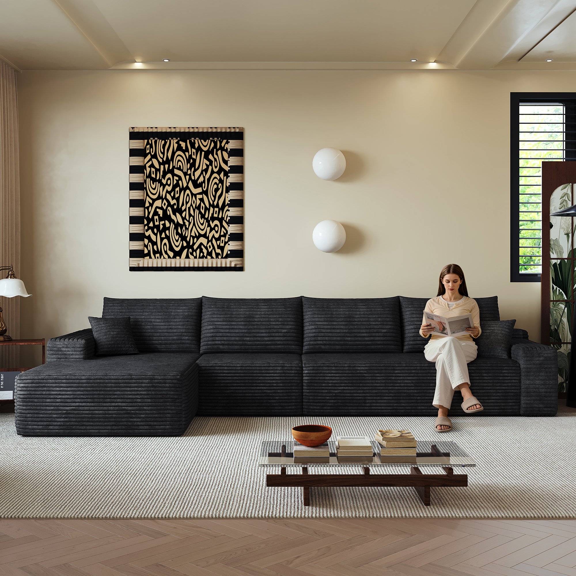 Canapé d'angle 340x175cm en tissu velours côtelé noir, structure modulaire avec méridienne, assise profonde, sans montage requis