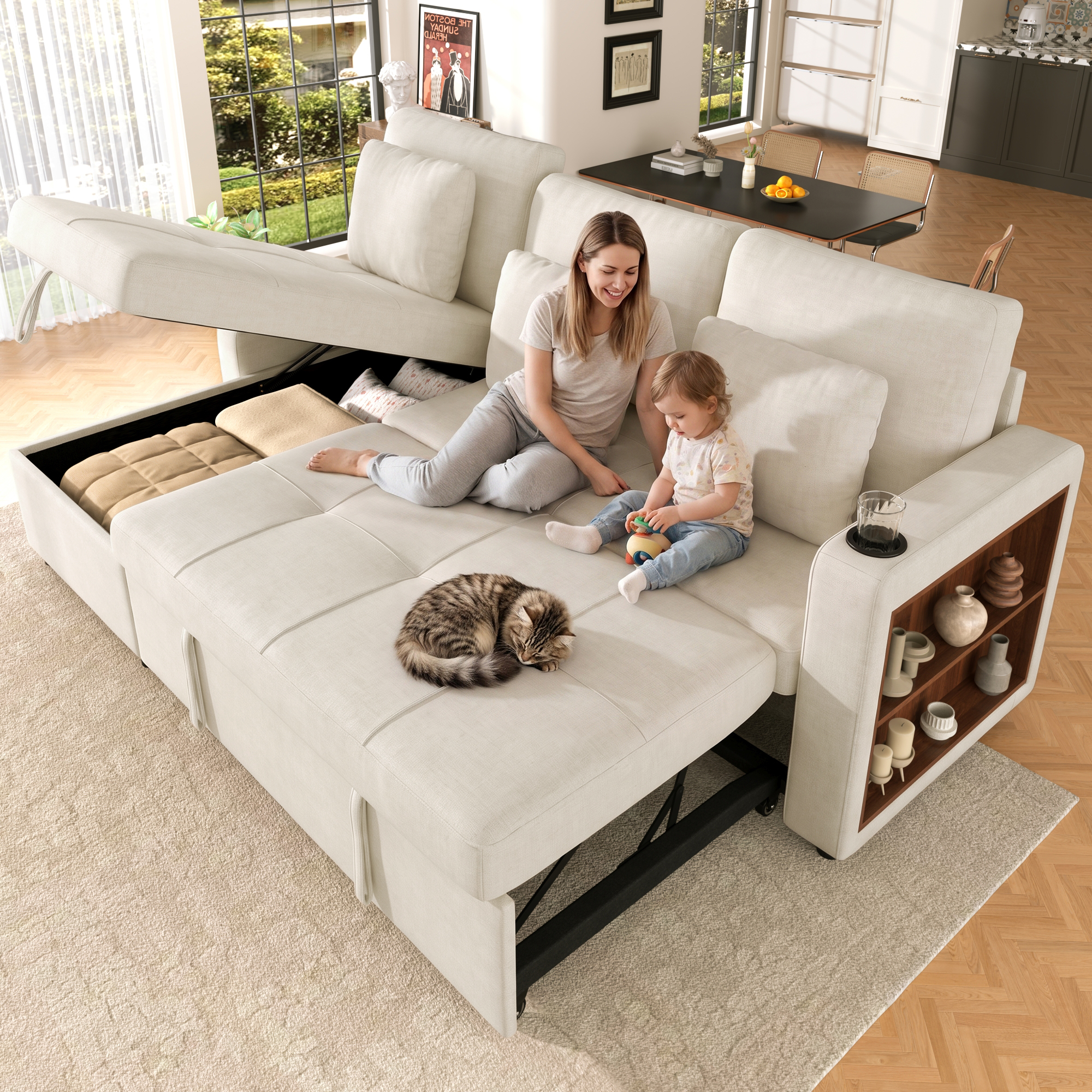 Canapé Convertible 3 Places Chenille Beige Clair - Canapé-Lit Extensible avec rangement de Rangement et Récamière